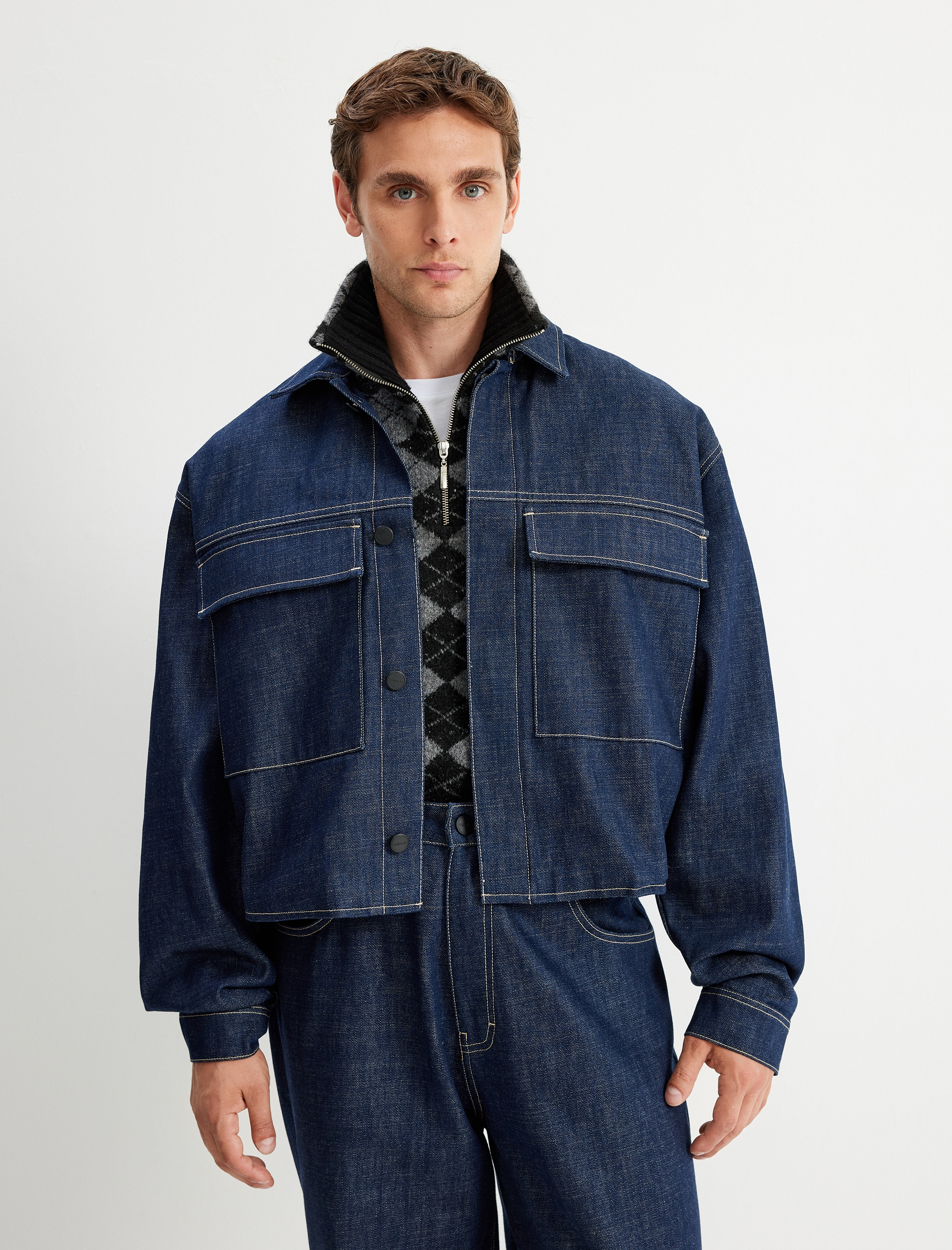   Crop Boy Kapaklı Cep Detaylı Oversize Jean Ceket