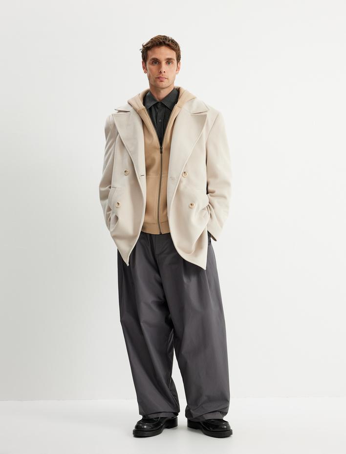  Uzun Kaşe Kaban Kruvaze Yaka Cep Detaylı Viskon Karışımlı