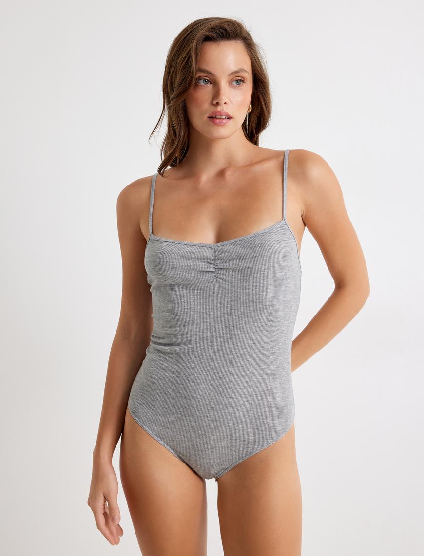   Alttan Çıt Çıt Kapamalı Drape Detaylı Fitilli Askılı Bodysuit