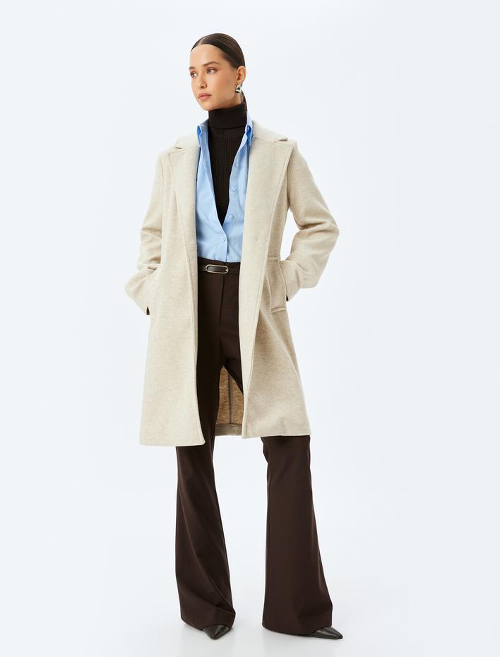  Kruvaze Düğmeli Cepli Uzun Kaşe Kaban