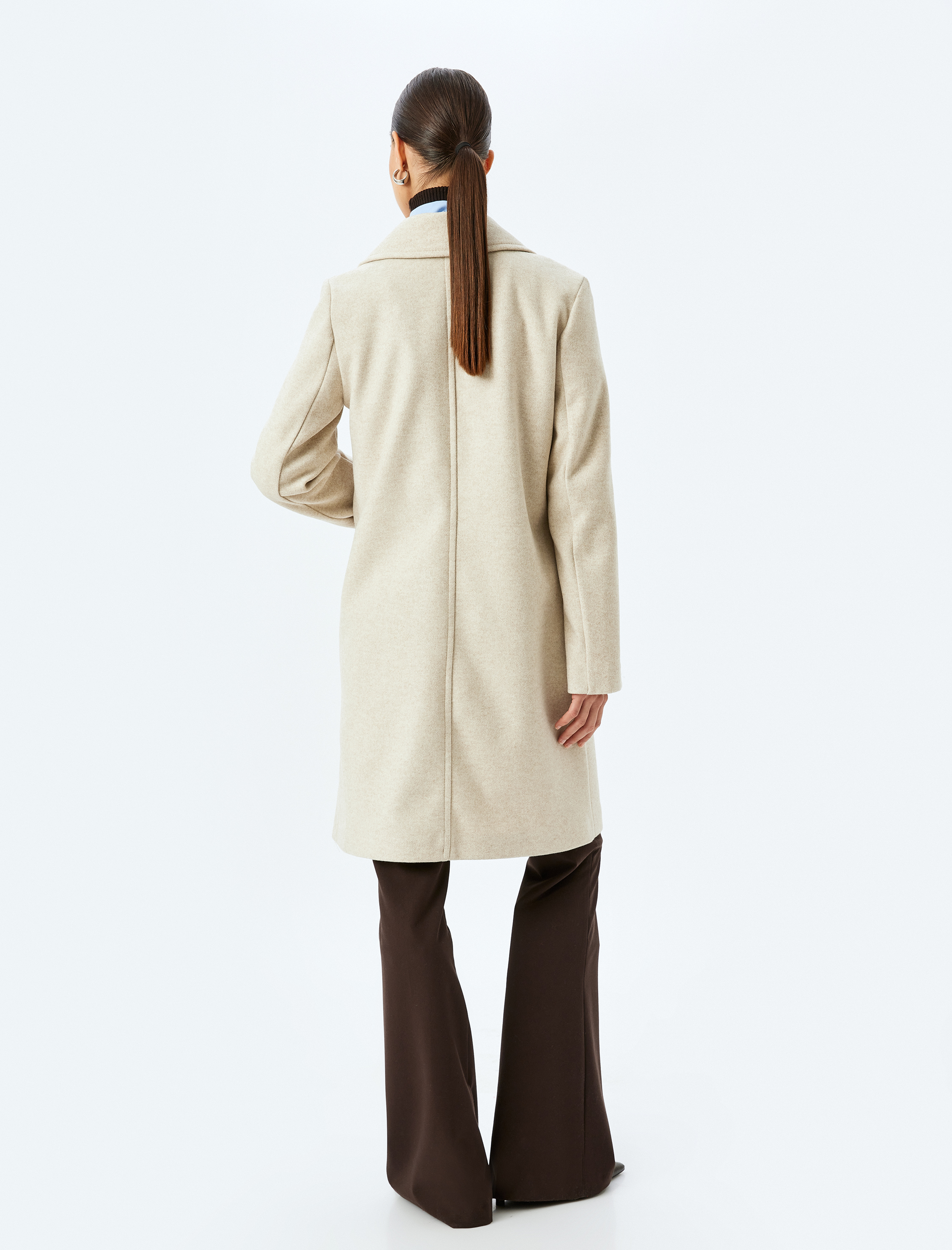   Kruvaze Düğmeli Cepli Uzun Kaşe Kaban