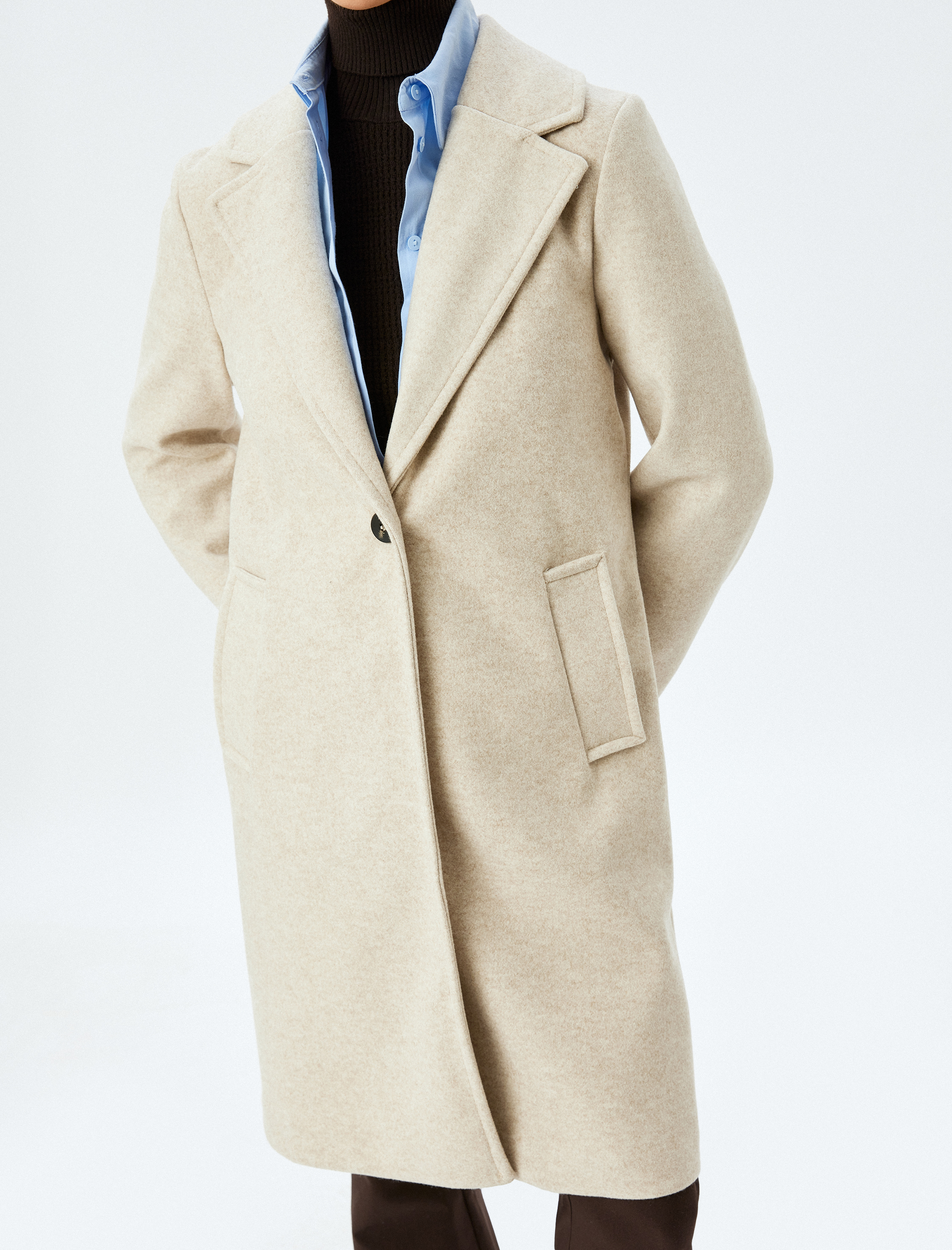   Kruvaze Düğmeli Cepli Uzun Kaşe Kaban