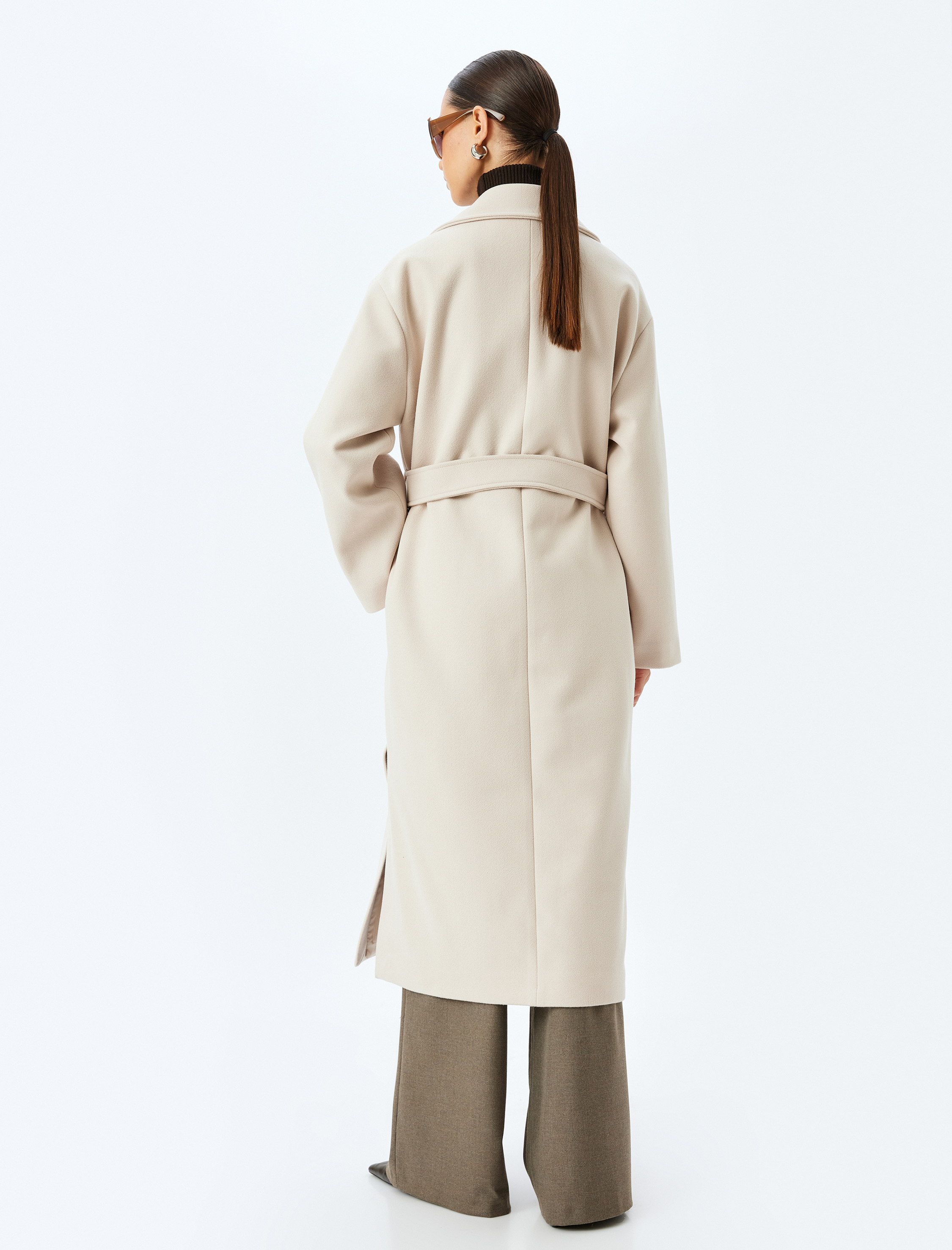   Kemerli Cepli Kruvaze Ekstra Uzun Kaşe Kaban