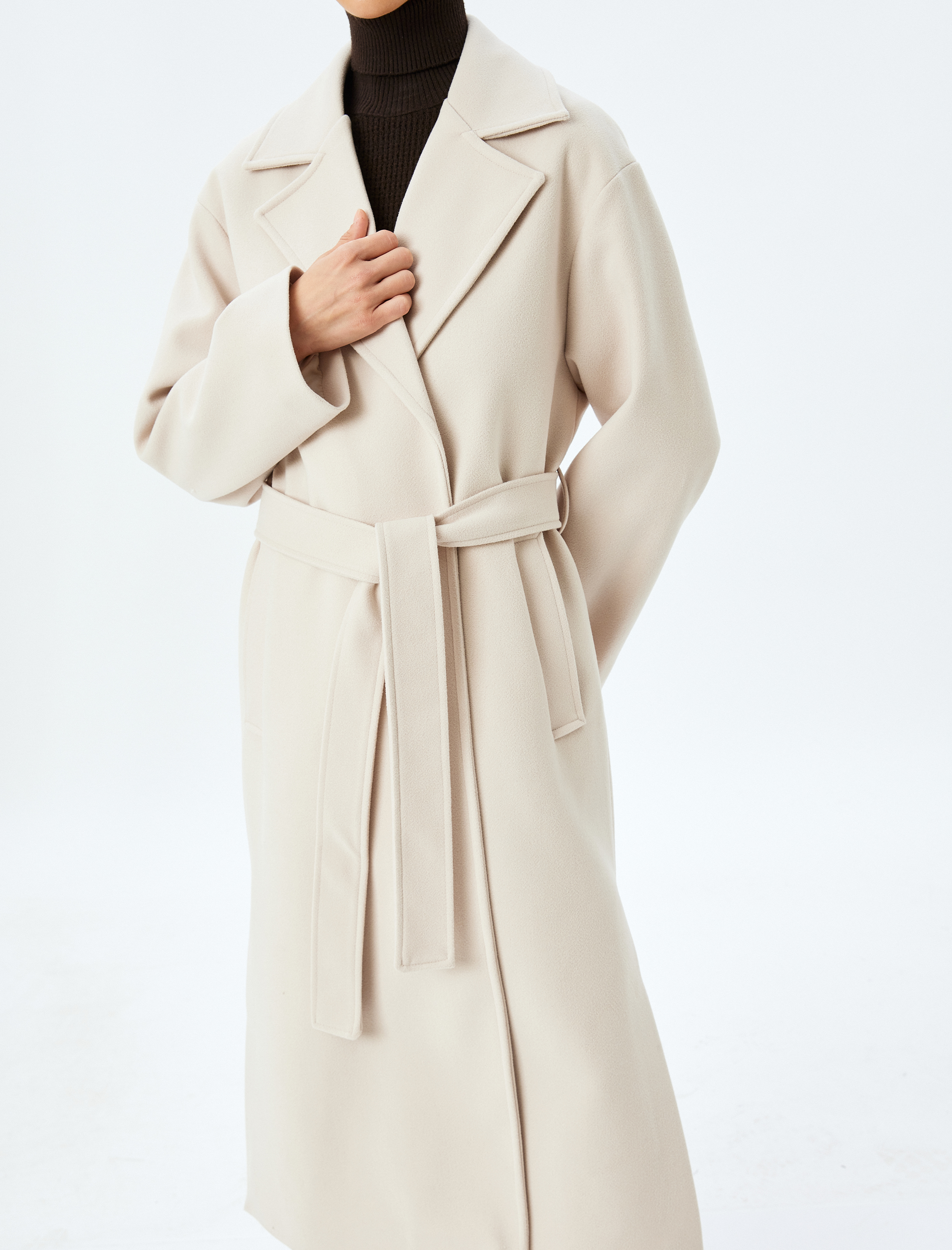   Kemerli Cepli Kruvaze Ekstra Uzun Kaşe Kaban