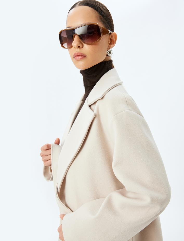  Kemerli Cepli Kruvaze Ekstra Uzun Kaşe Kaban