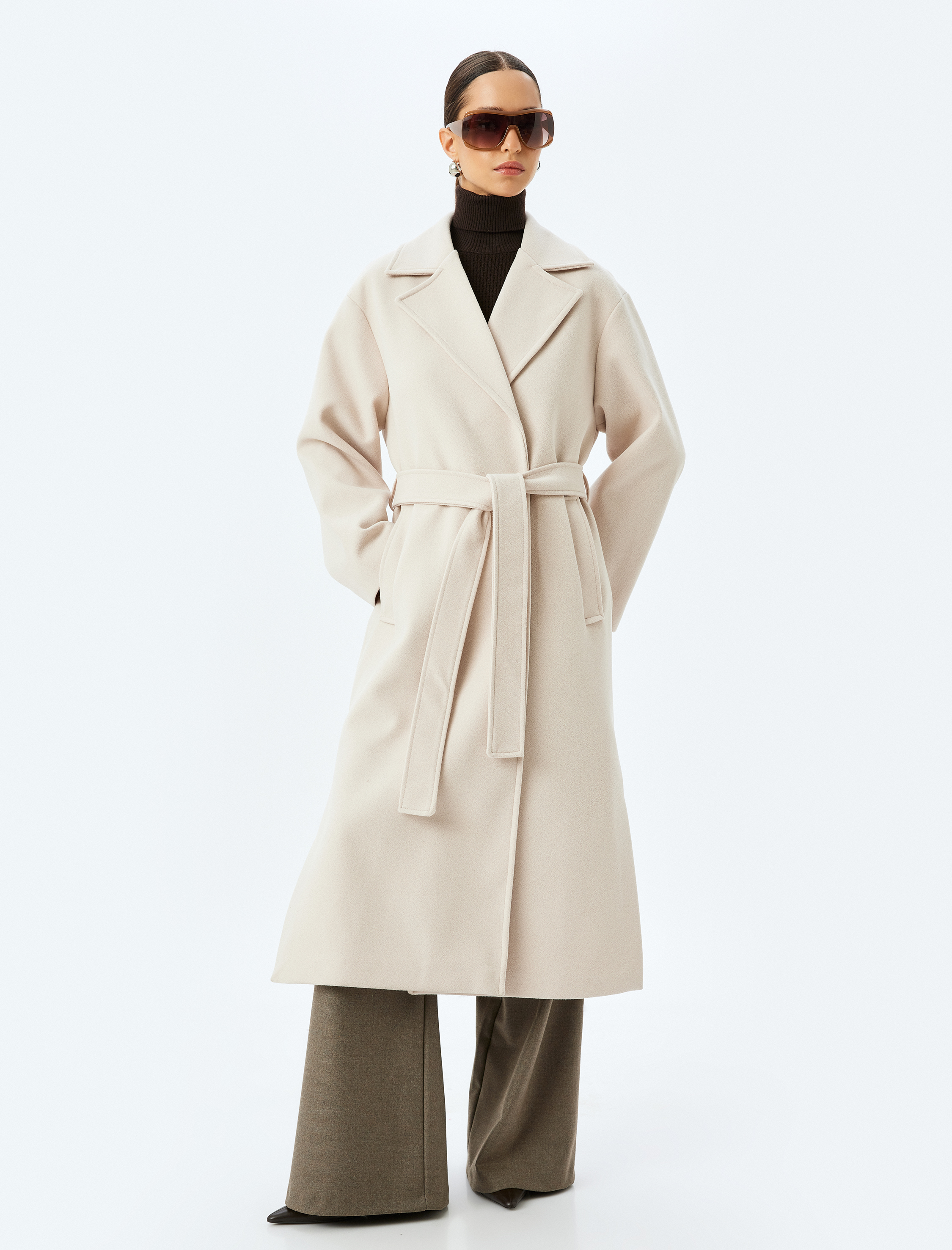   Kemerli Cepli Kruvaze Ekstra Uzun Kaşe Kaban