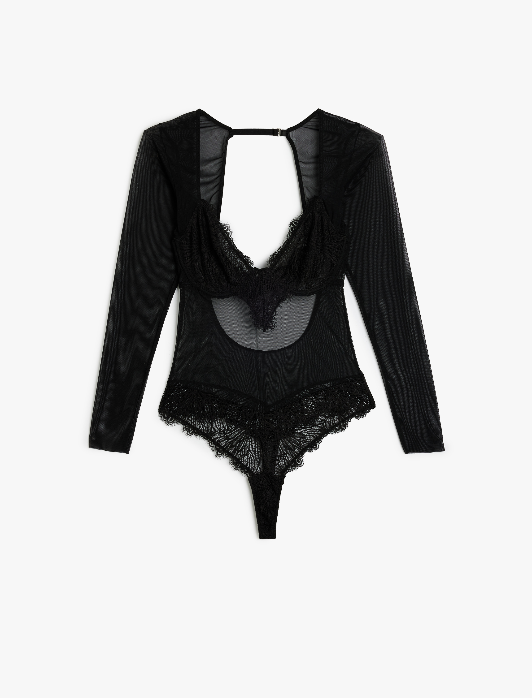   Uzun Kollu Derin V Yaka Dantel Detaylı Tül Balenli Bodysuit