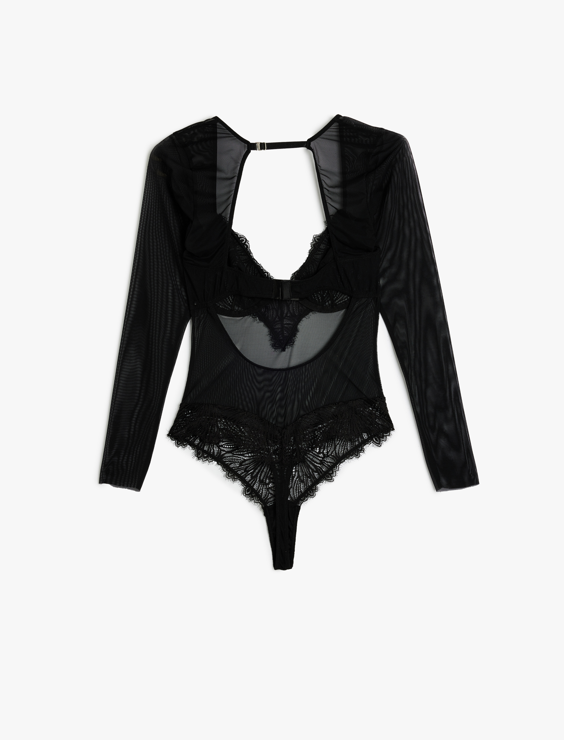   Uzun Kollu Derin V Yaka Dantel Detaylı Tül Balenli Bodysuit