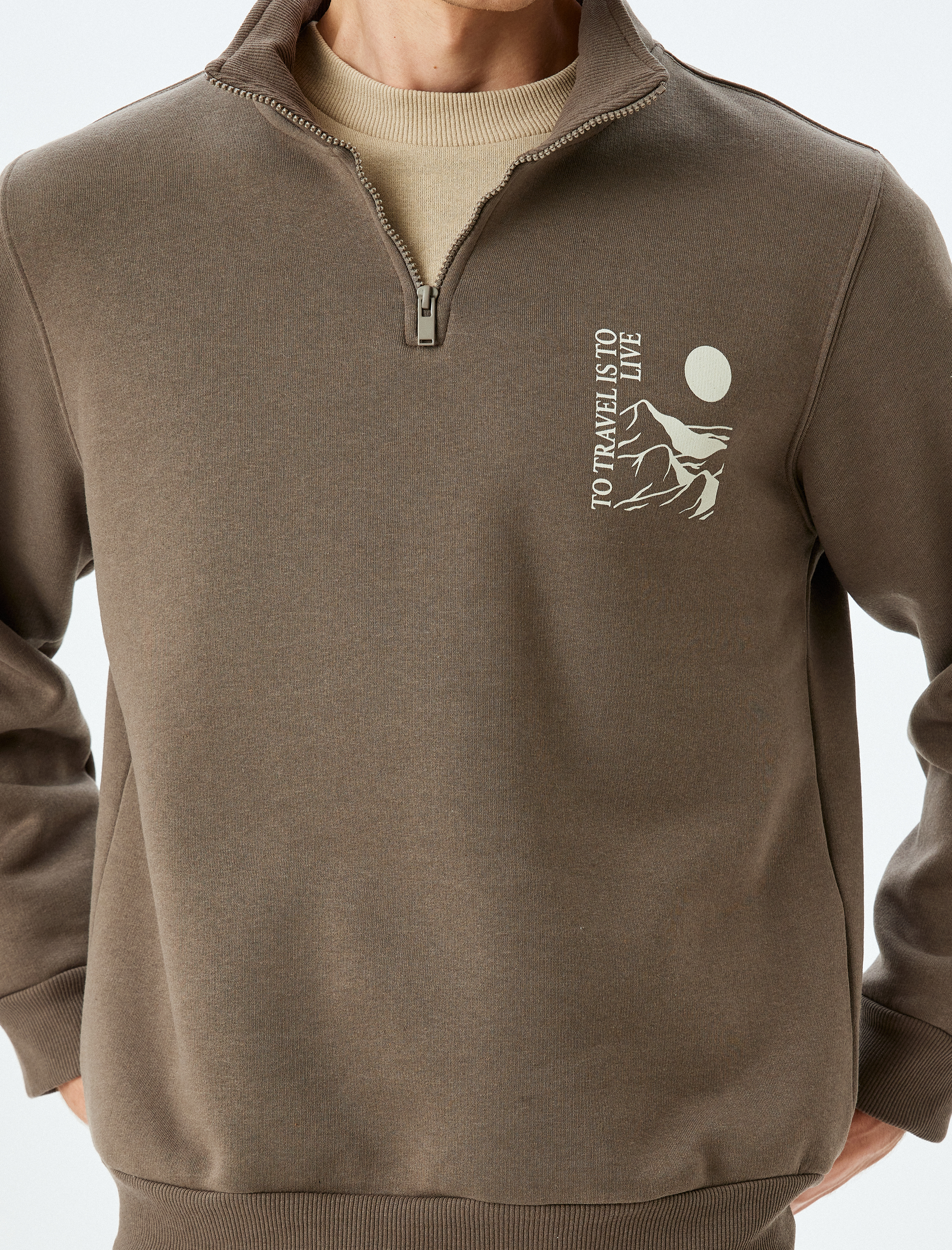   Yarım Fermuarlı Pamuk Karışımlı Şardonlu Baskılı Sweatshirt