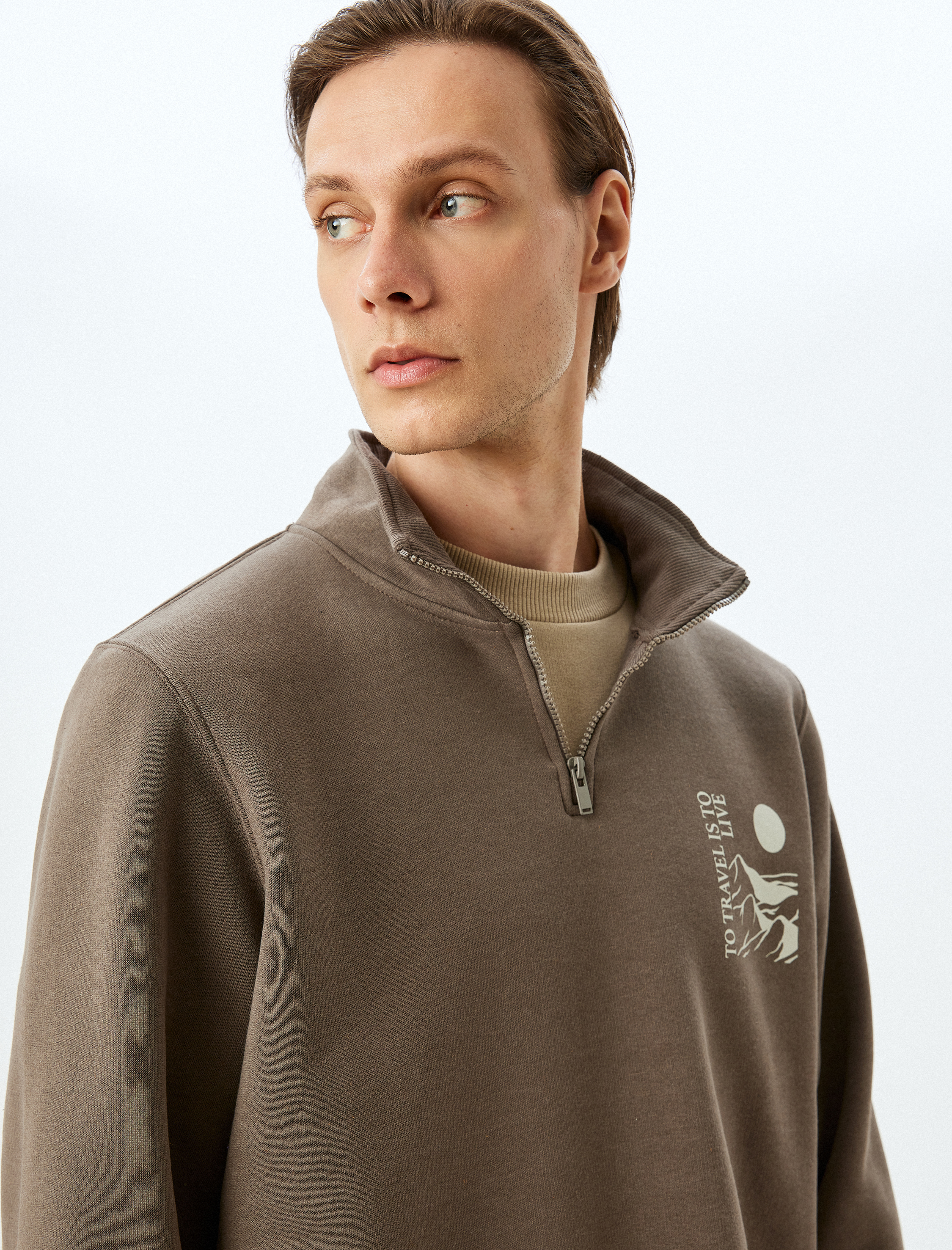   Yarım Fermuarlı Pamuk Karışımlı Şardonlu Baskılı Sweatshirt