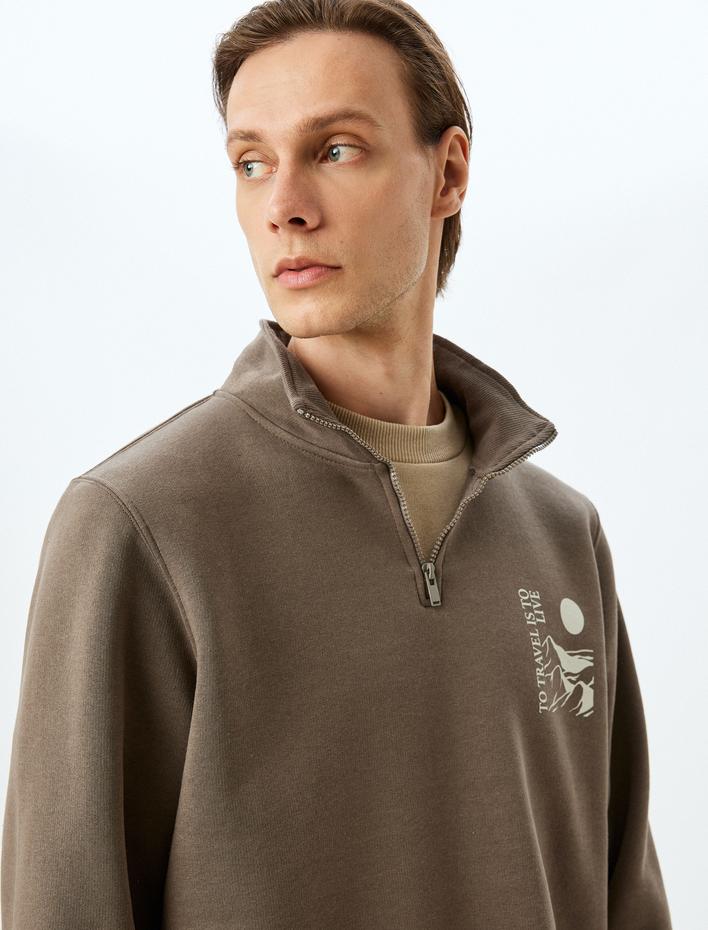  Yarım Fermuarlı Pamuk Karışımlı Şardonlu Baskılı Sweatshirt
