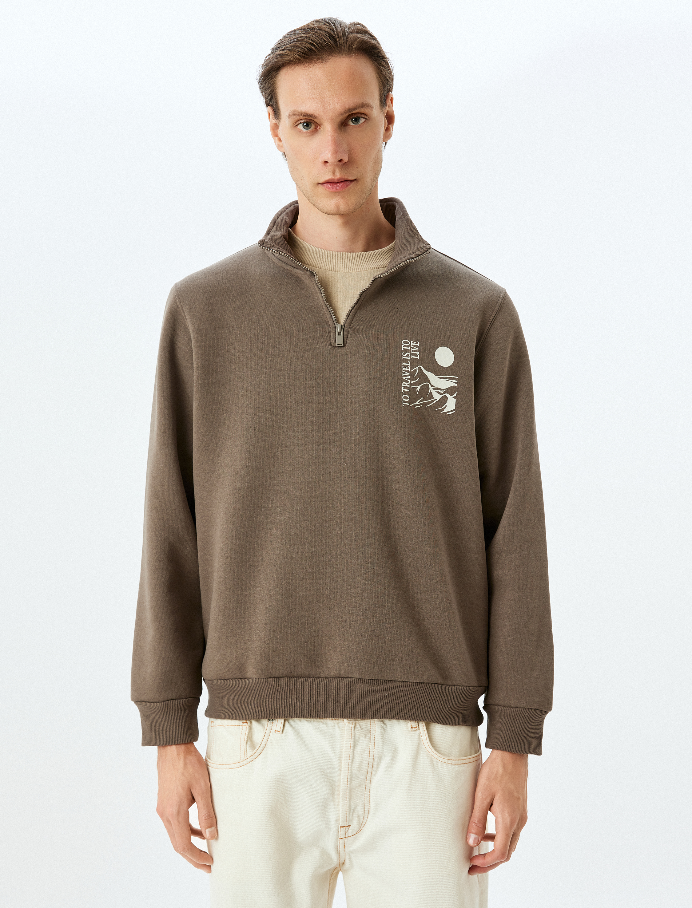   Yarım Fermuarlı Pamuk Karışımlı Şardonlu Baskılı Sweatshirt