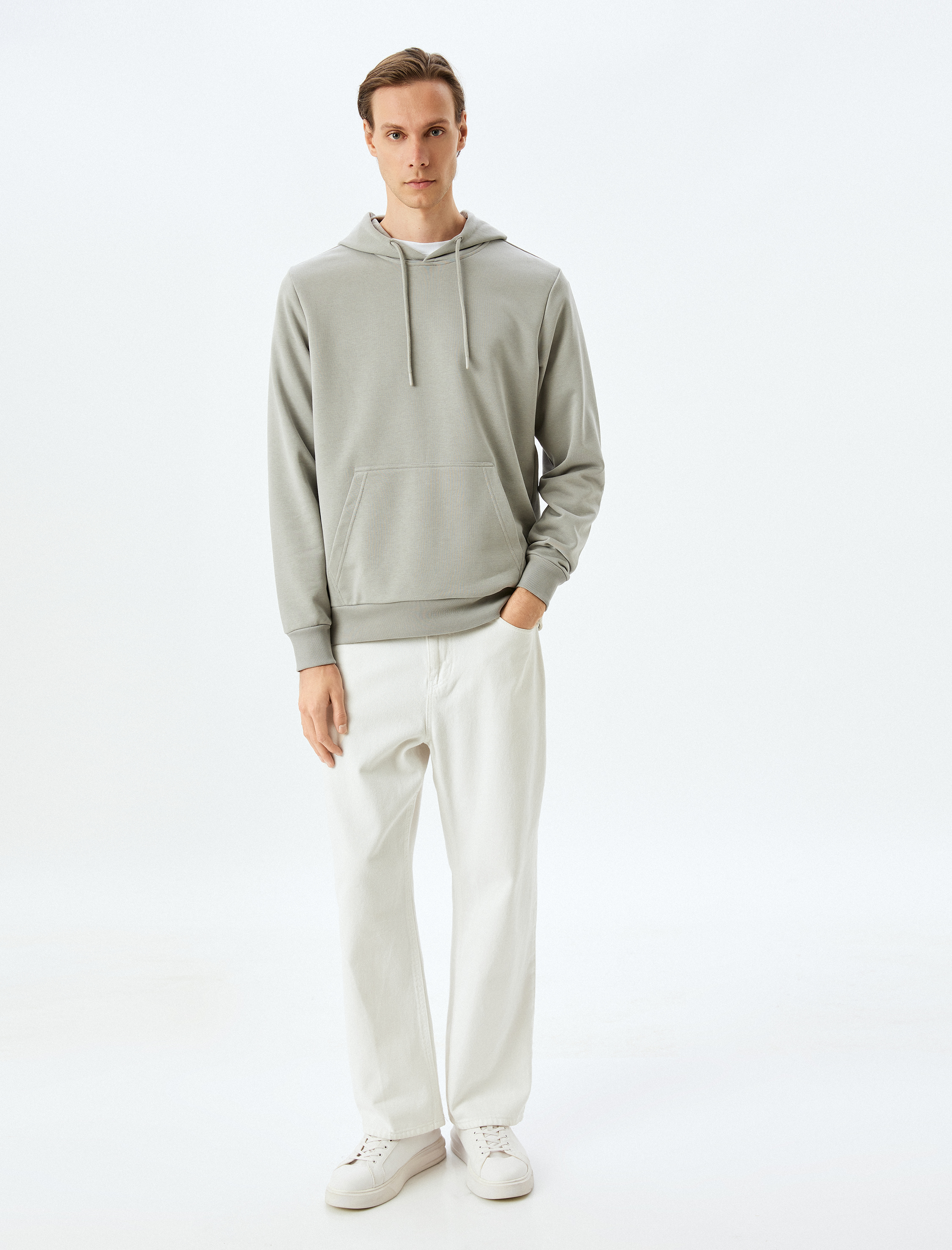   Kapşonlu Sweatshirt Kanguru Cep Detaylı Uzun Kollu Pamuklu