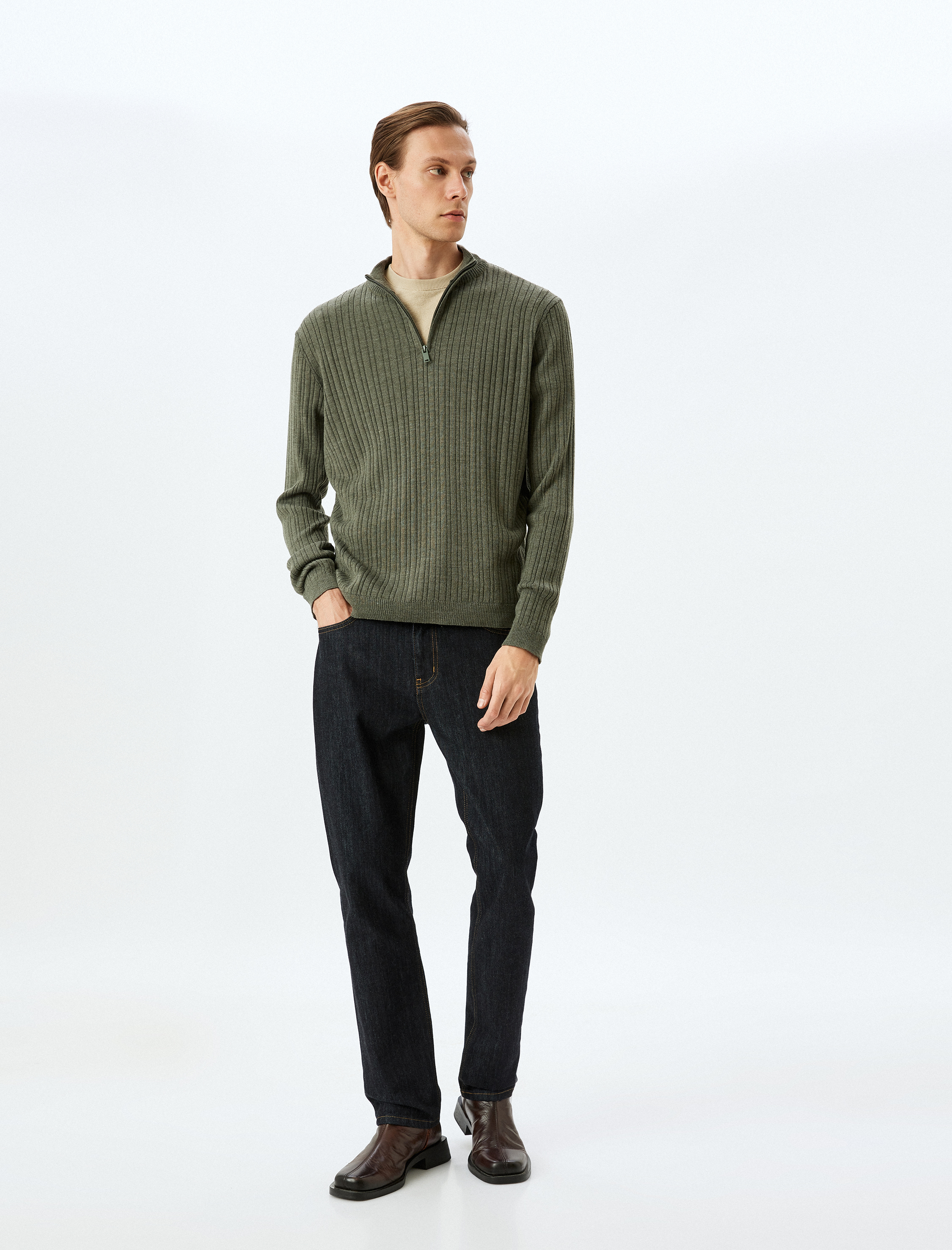   Triko Kazak Dik Yaka Yarım Fermuarlı Basic