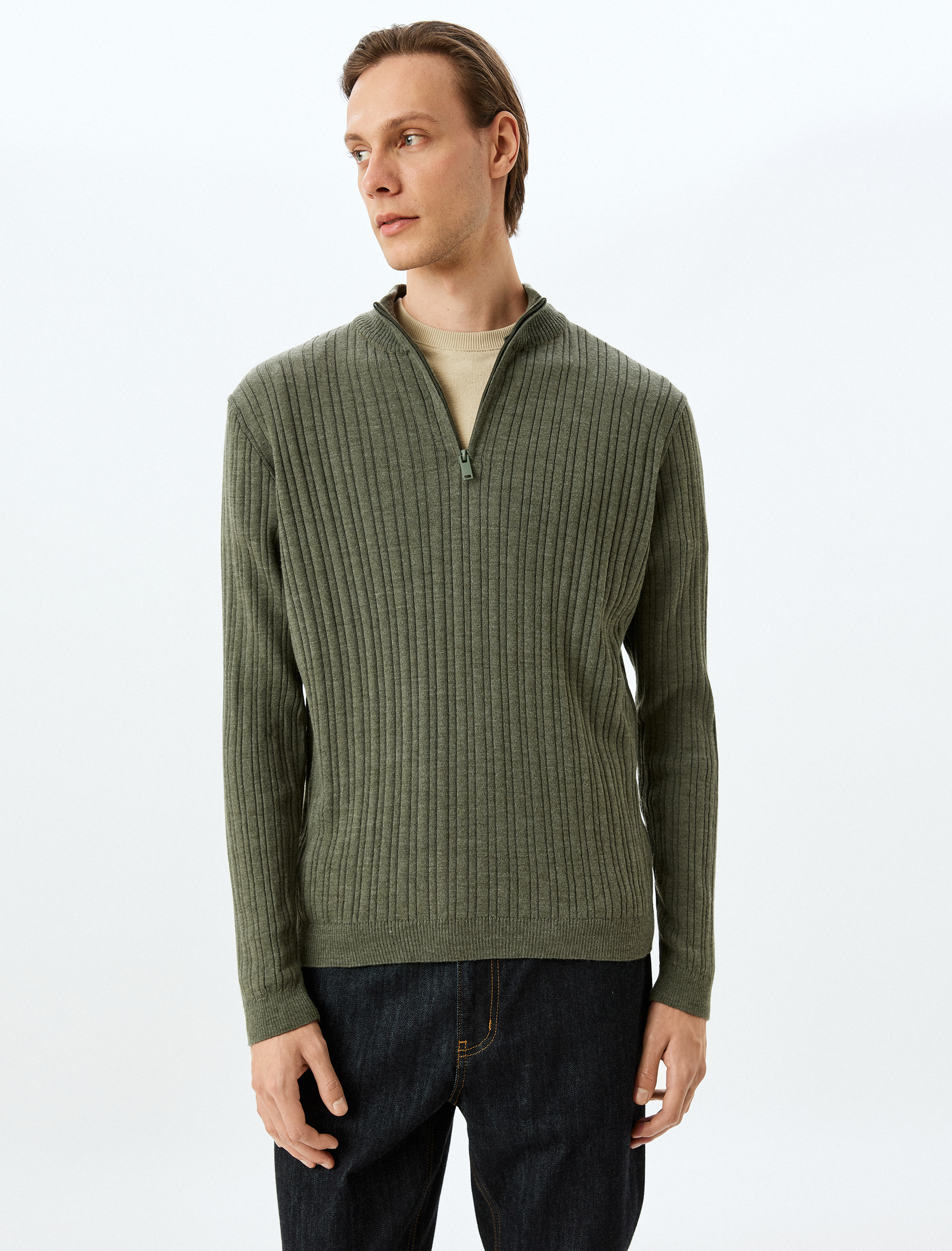   Triko Kazak Dik Yaka Yarım Fermuarlı Basic