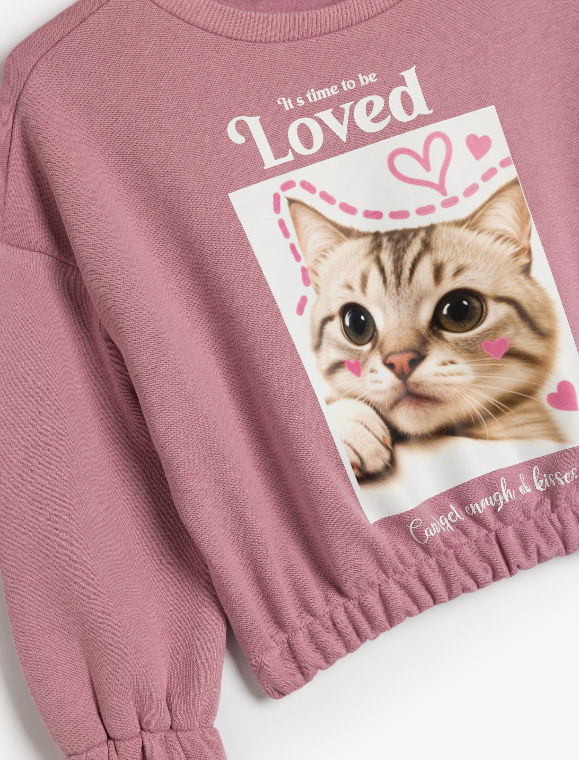  Kız Çocuk Kedi Baskılı Bisiklet Yaka Uzun Kollu Şardonlu Pamuklu Sweatshirt