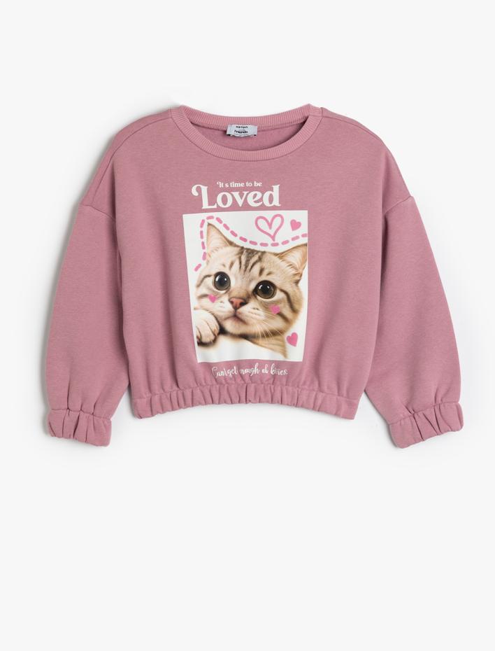 Kız Çocuk Sweatshirt Bisiklet Yaka Kedi Baskılı Uzun Kollu