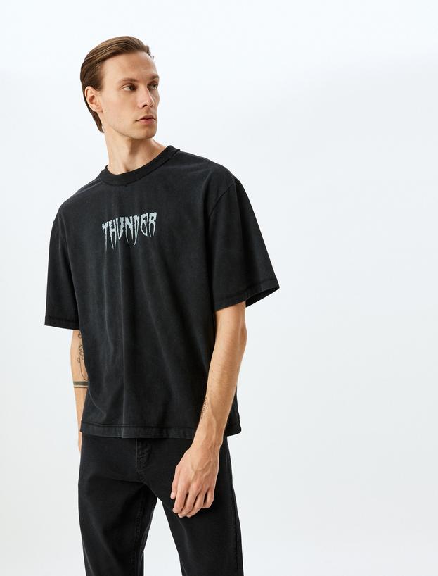 Bisiklet Yaka Kısa Kollu Oversize Slogan Baskılı Tişört_1