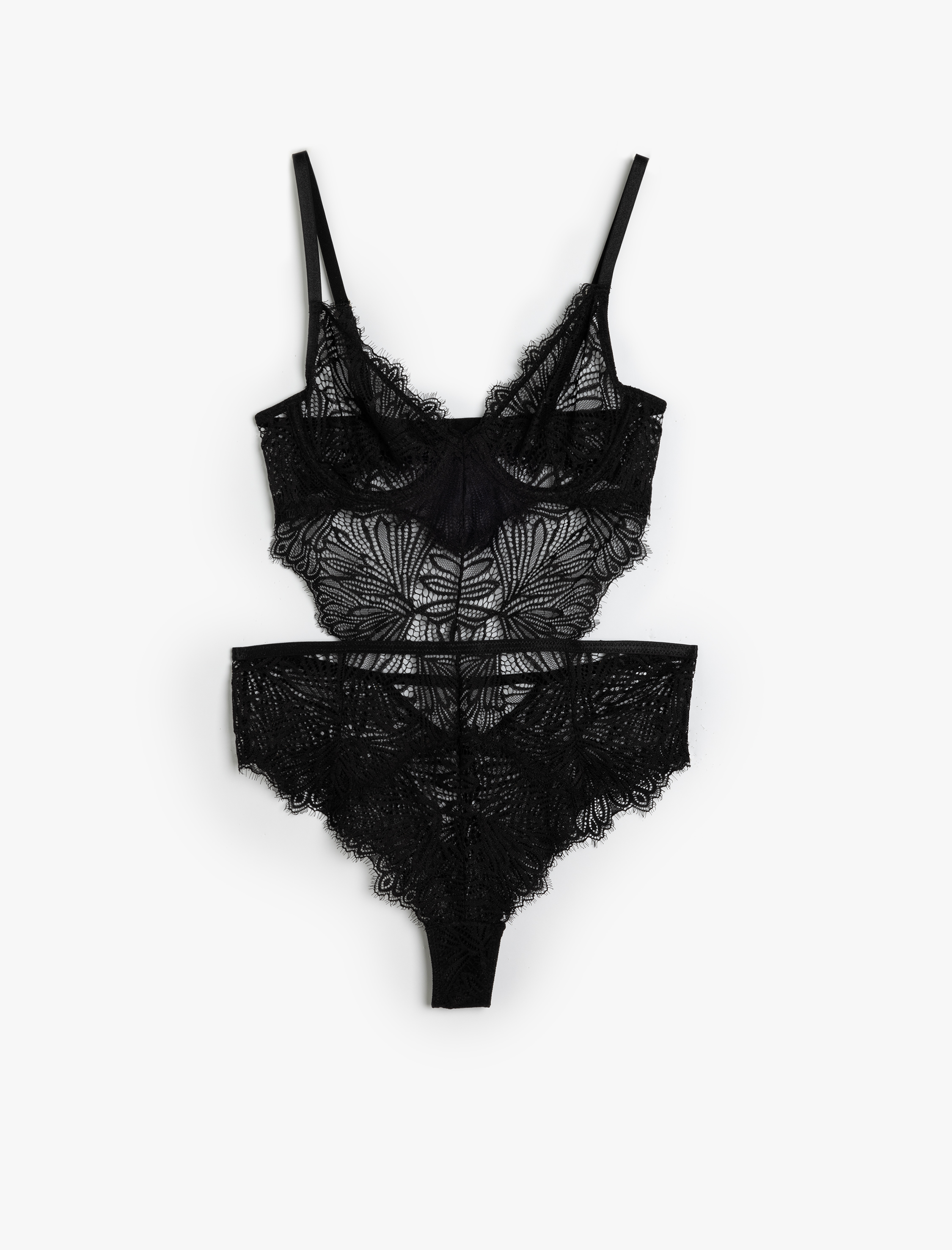   Askılı Pencere Detaylı Derin V Yaka Balenli Destekli Dantelli Bodysuit