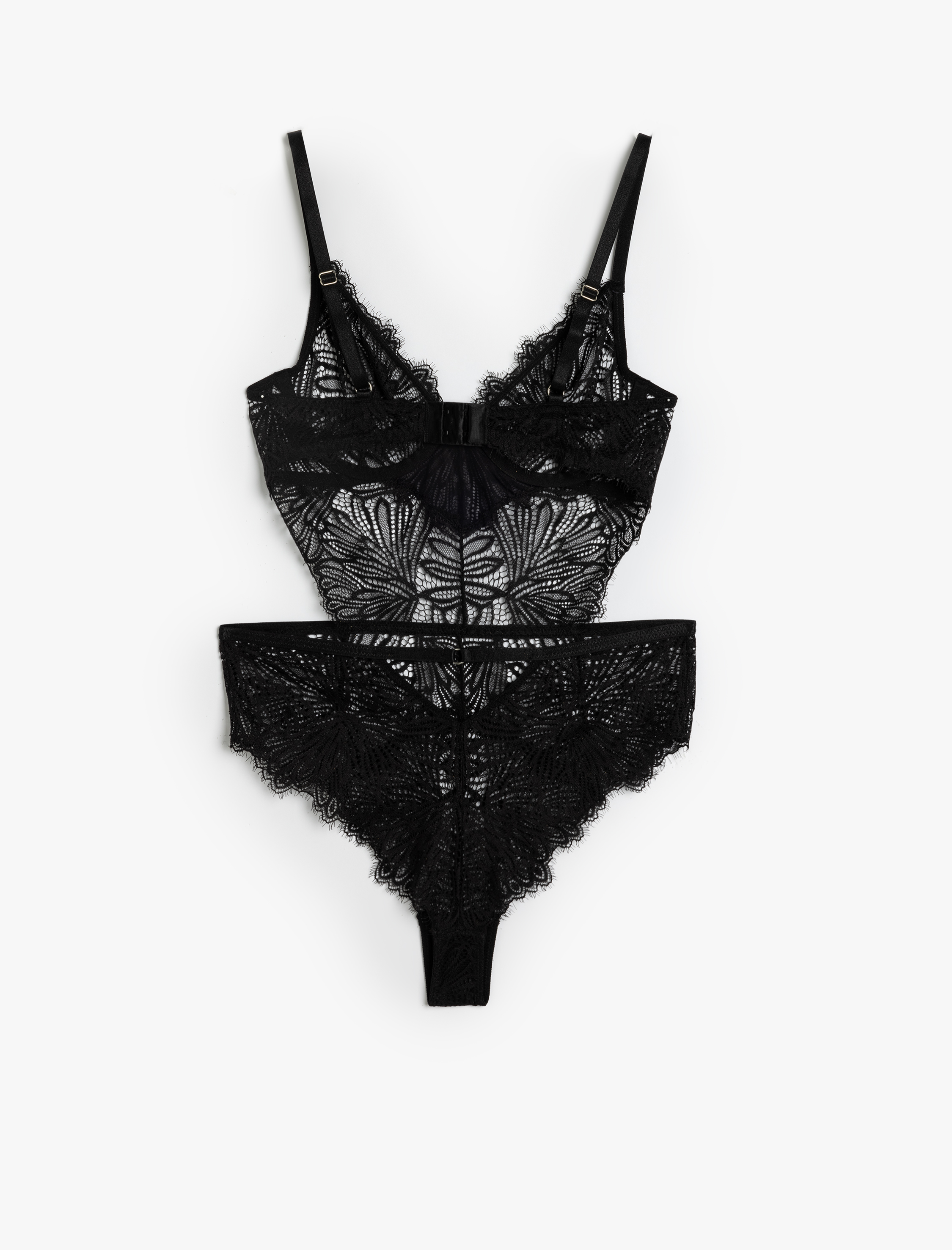   Askılı Pencere Detaylı Derin V Yaka Balenli Destekli Dantelli Bodysuit