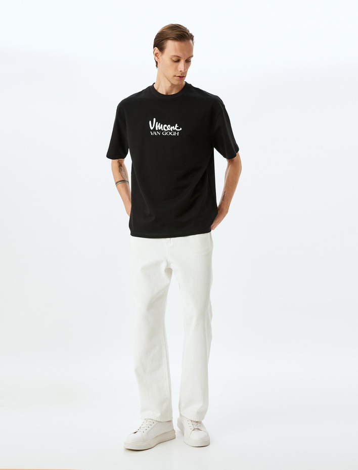  Bisiklet Yaka Kısa Kollu Pamuklu Tok Kumaş Oversize Lisanslı Van Gogh Baskılı Tişört