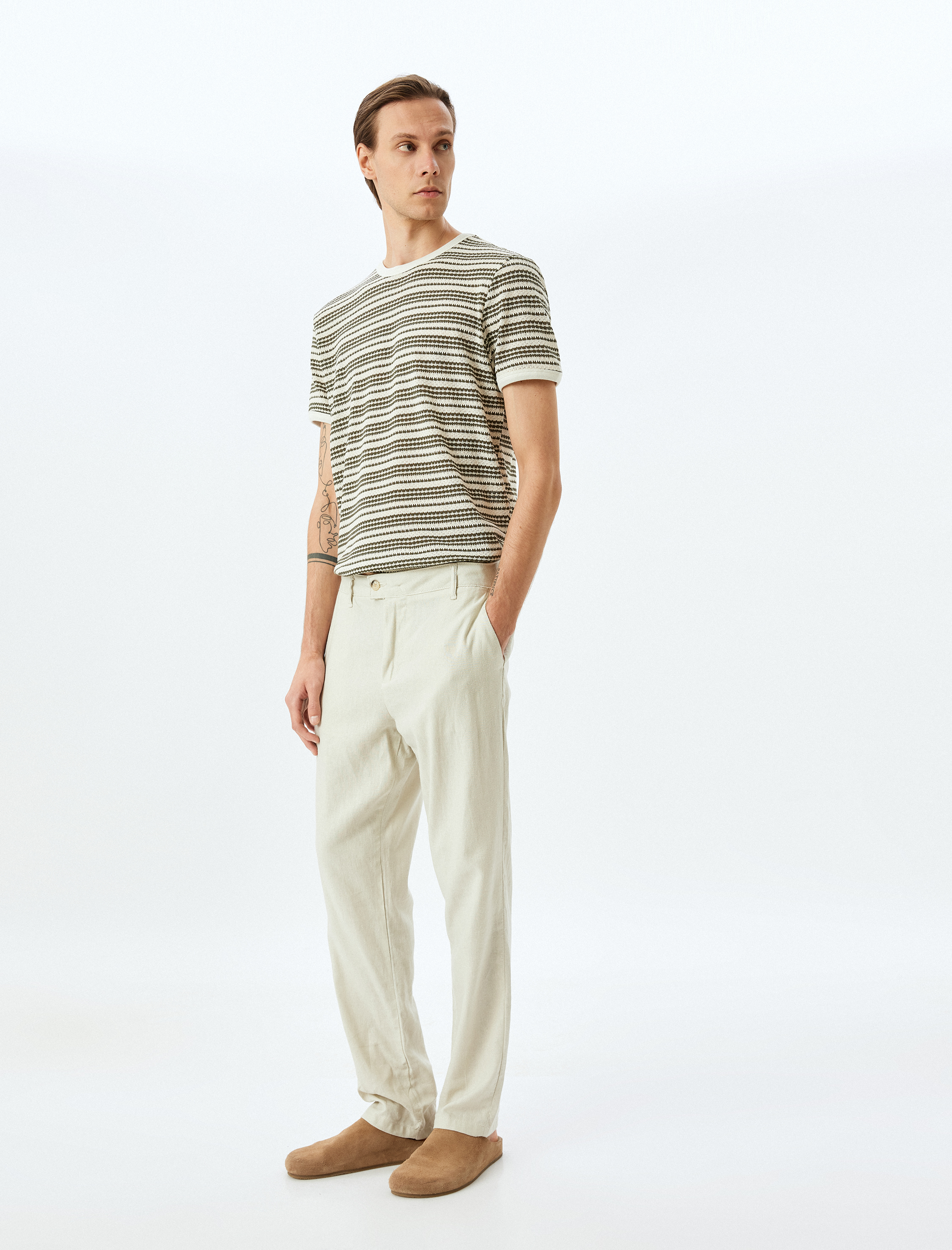   Bisiklet Yaka Kısa Kollu Regular Fit Pamuk Karışımlı Biyeli Çizgili Tişört