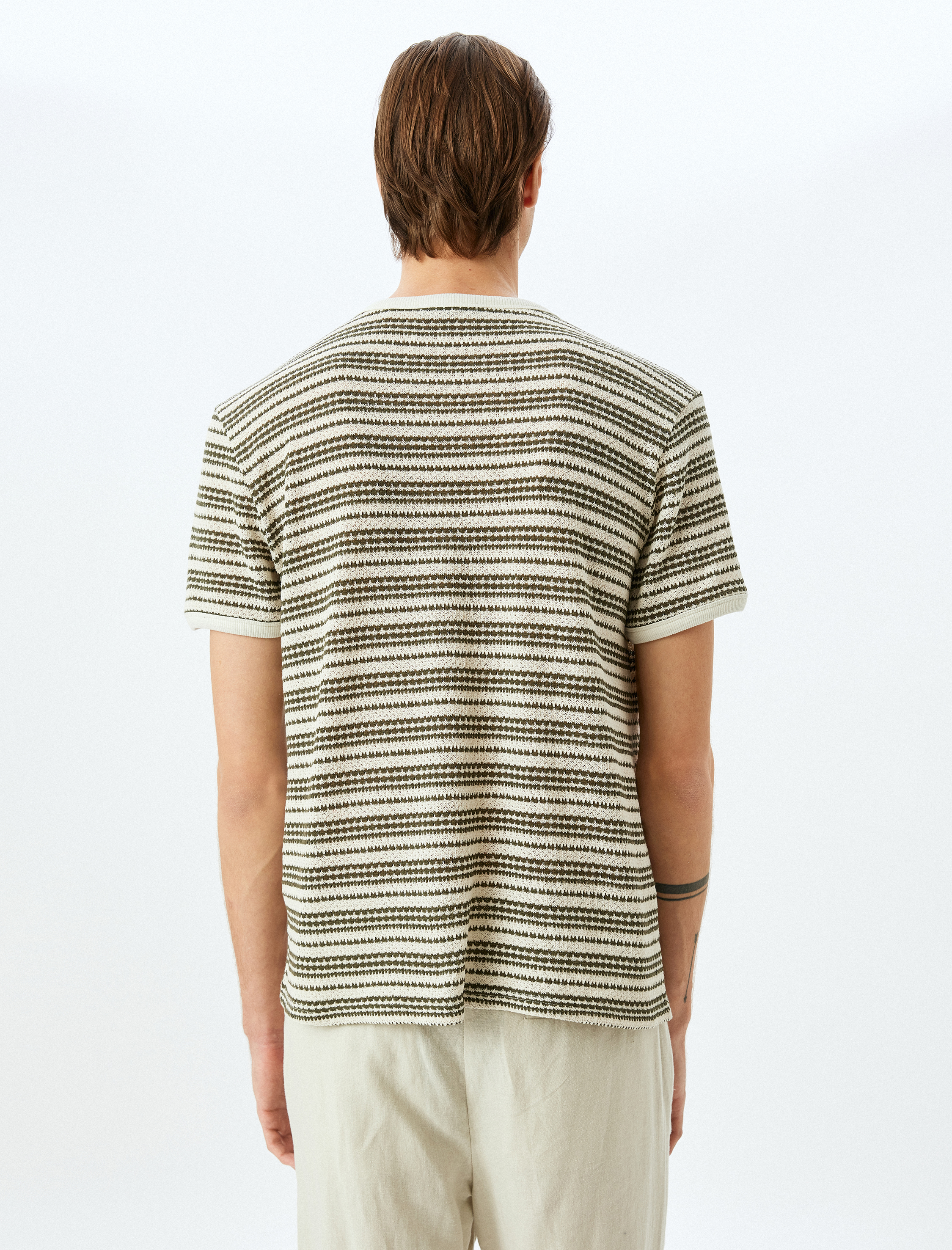   Bisiklet Yaka Kısa Kollu Regular Fit Pamuk Karışımlı Biyeli Çizgili Tişört