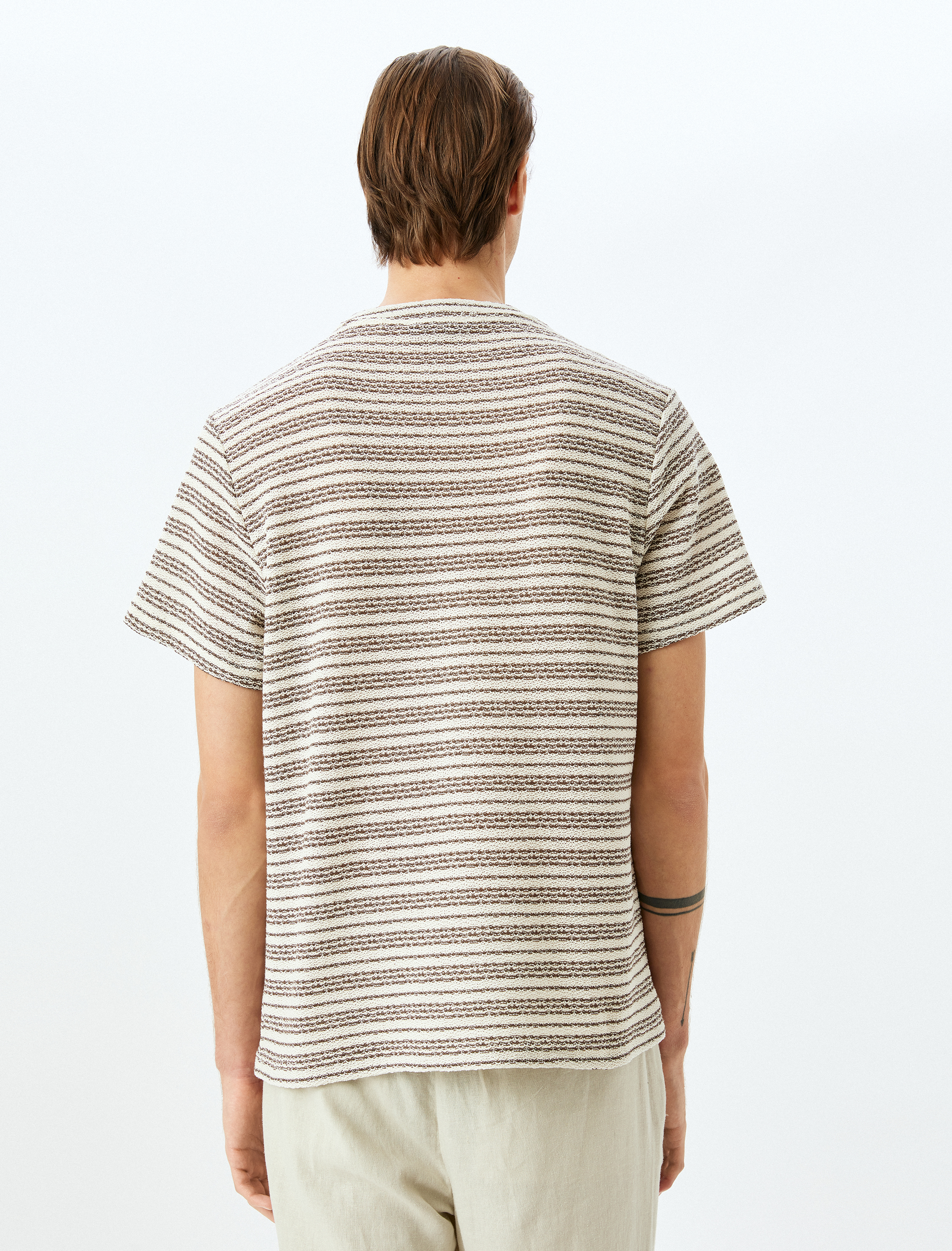   Kısa Kollu Regular Fit Bisiklet Yaka Pamuk Karışımlı Çizgili Tişört