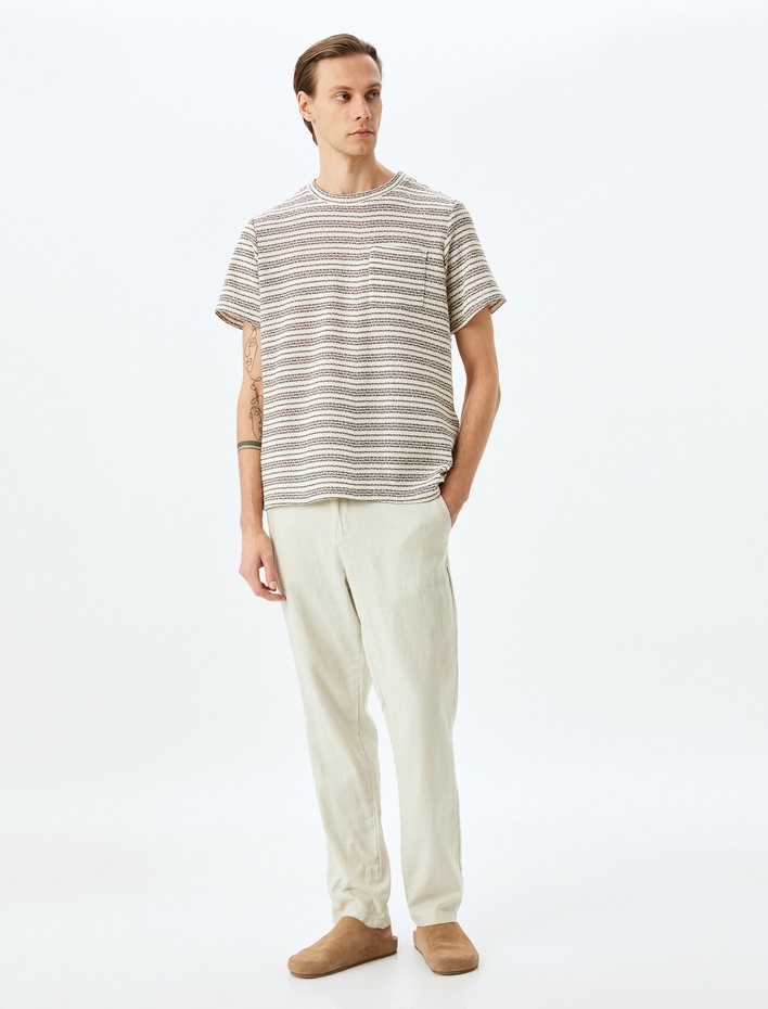  Kısa Kollu Regular Fit Bisiklet Yaka Pamuk Karışımlı Çizgili Tişört