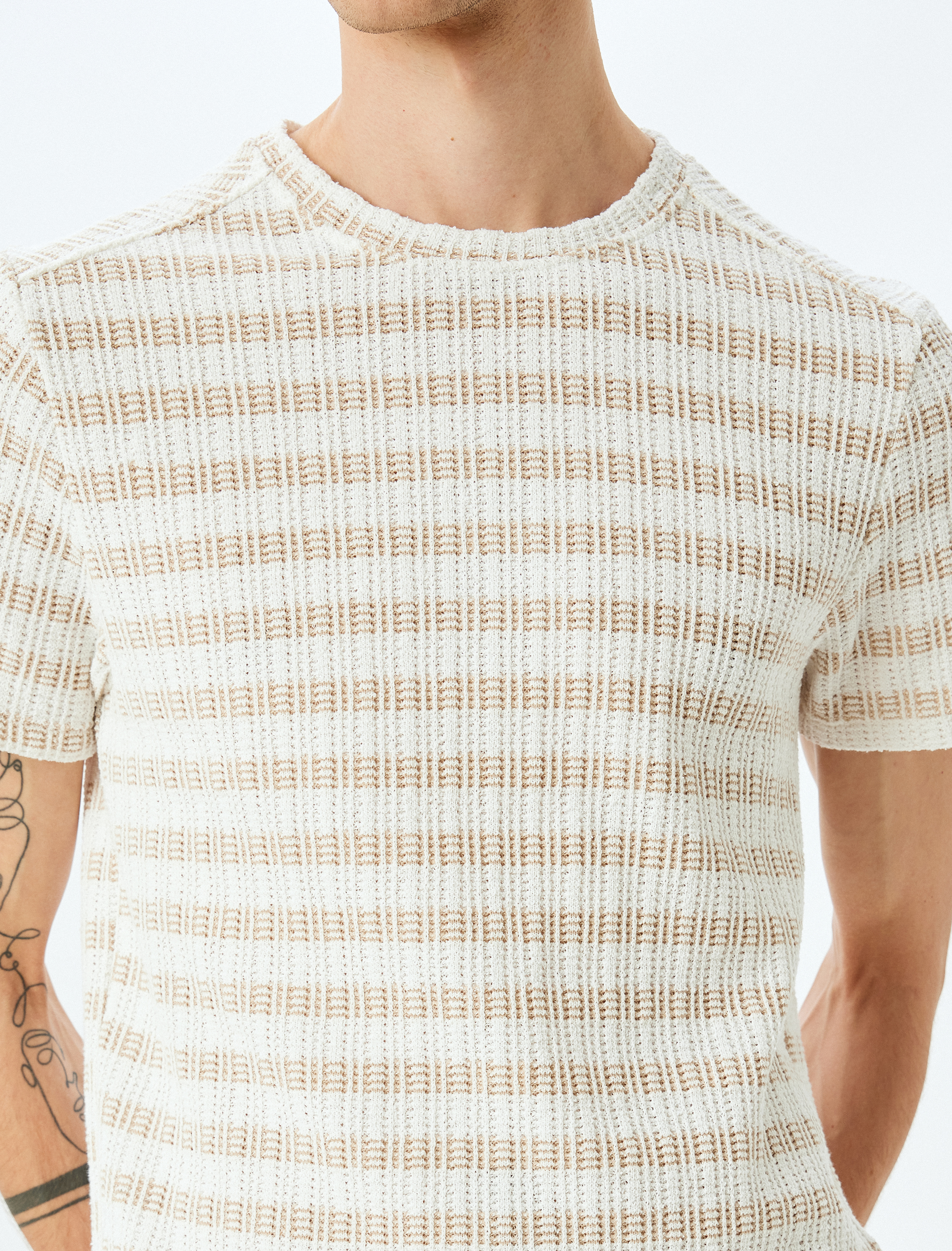   Kısa Kollu Regular Fit Pamuk Karışımlı Dokulu Bisiklet Yaka Çizgili Tişört