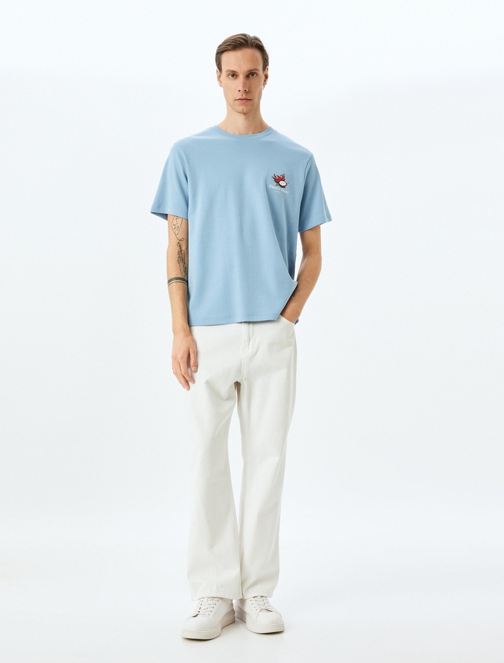  Bisiklet Yaka Kısa Kollu Regular Fit Pamuklu Tok Kumaş Baskılı Tişört