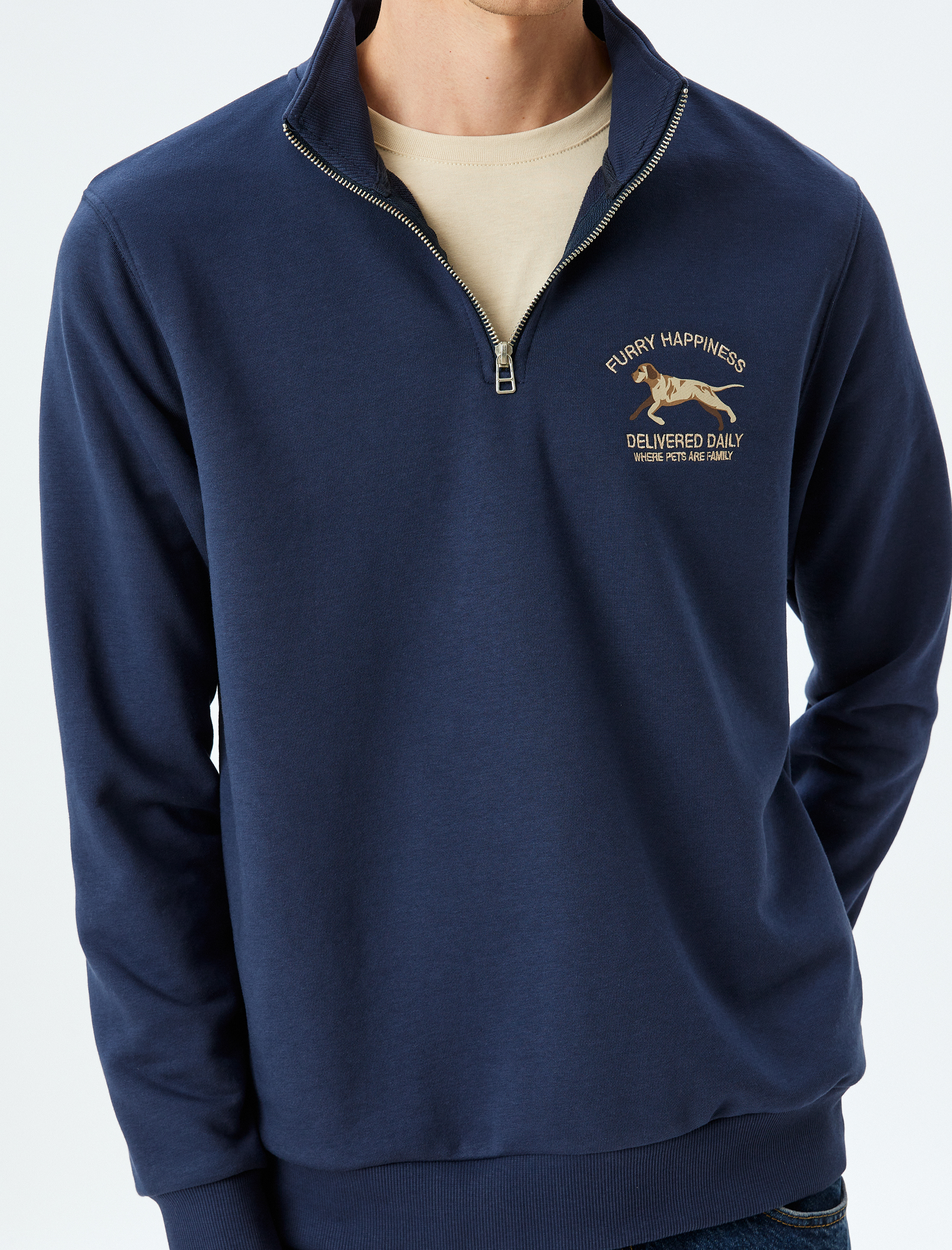   Pamuk Karışımlı Hayvan Baskılı Yarım Fermuarlı Sweatshirt