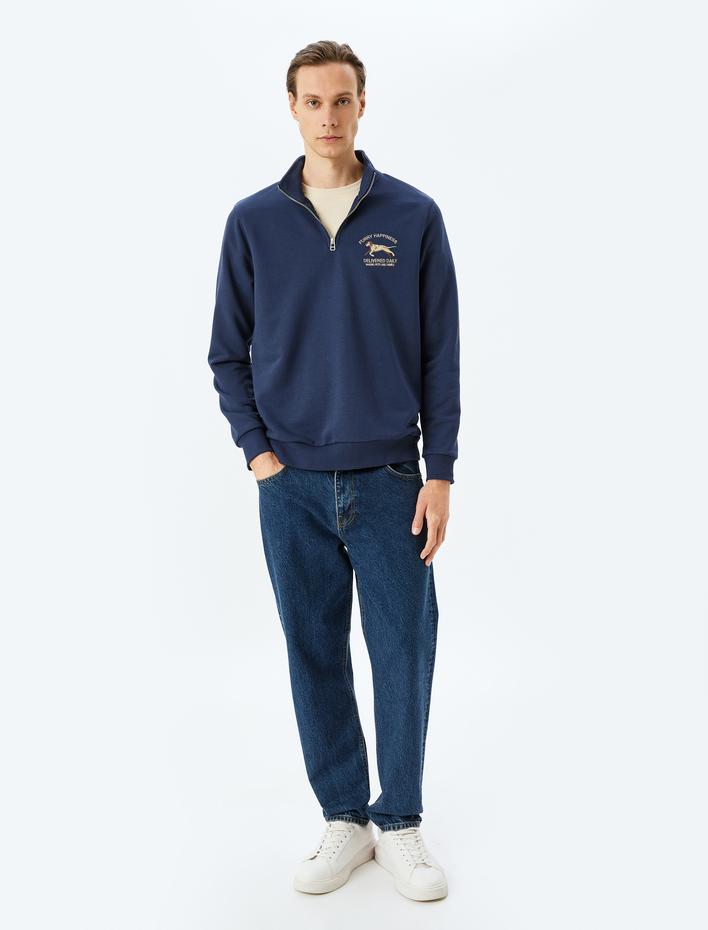  Pamuk Karışımlı Hayvan Baskılı Yarım Fermuarlı Sweatshirt