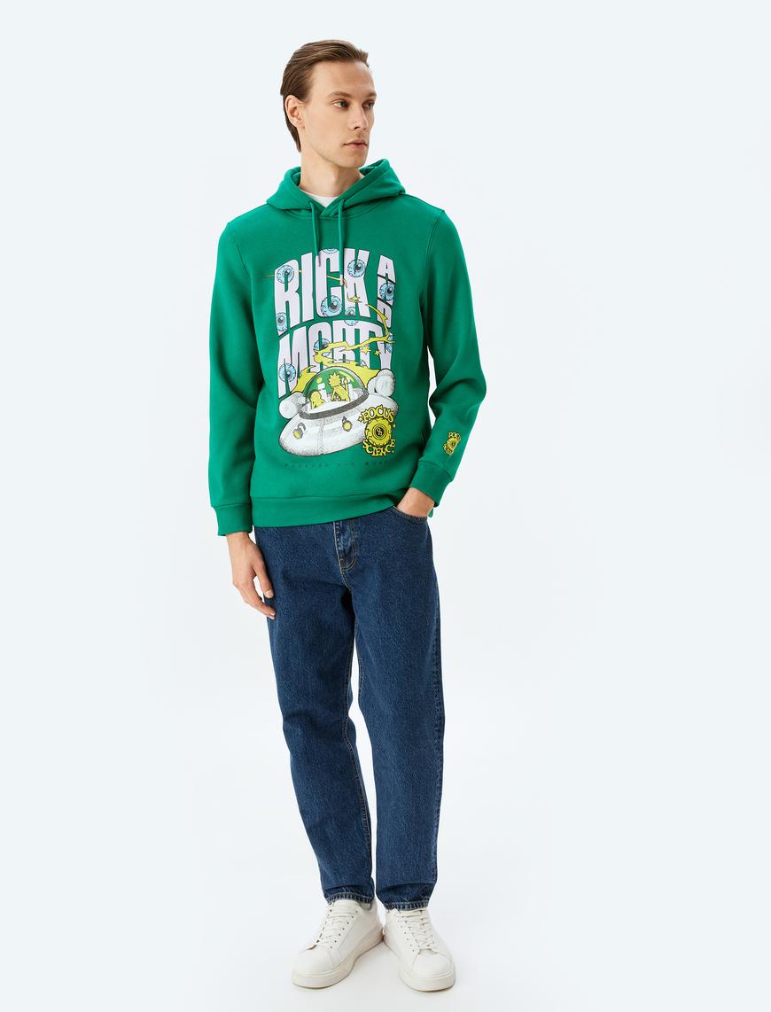   Kapşonlu Şardonlu Pamuk Karışımlı Lisanslı Rick and Morty Sweatshirt