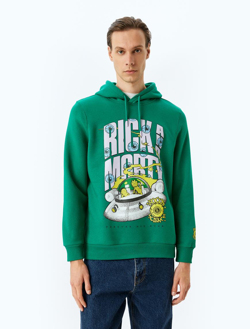   Kapşonlu Şardonlu Pamuk Karışımlı Lisanslı Rick and Morty Sweatshirt