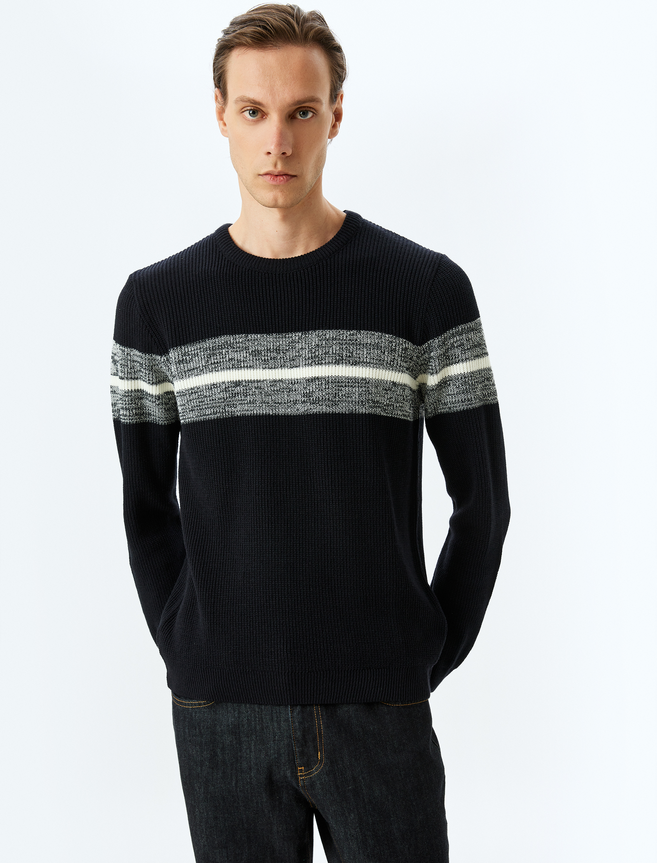   Bisiklet Yaka Çizgili Kışlık Triko Kazak