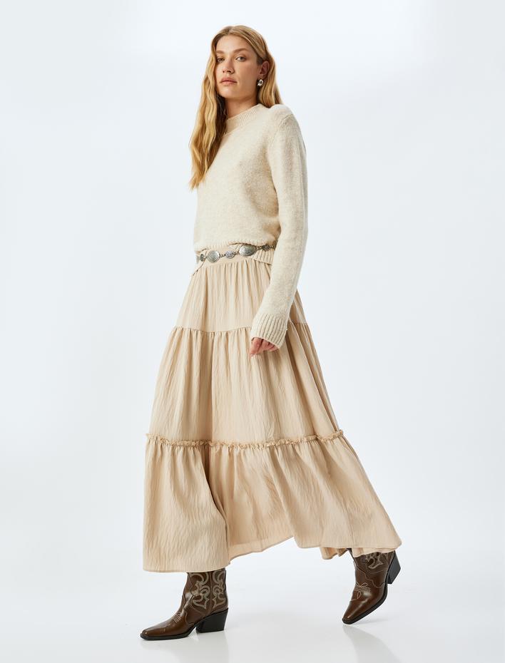  Yüksek Bel Katlı Uzun Viskon Etek