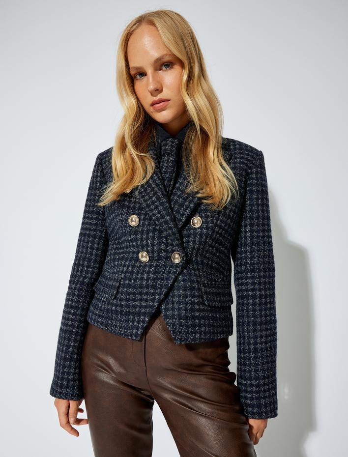  Kısa Kruvaze Tüvit Blazer Ceket Asimetrik Düğmeli Cepli