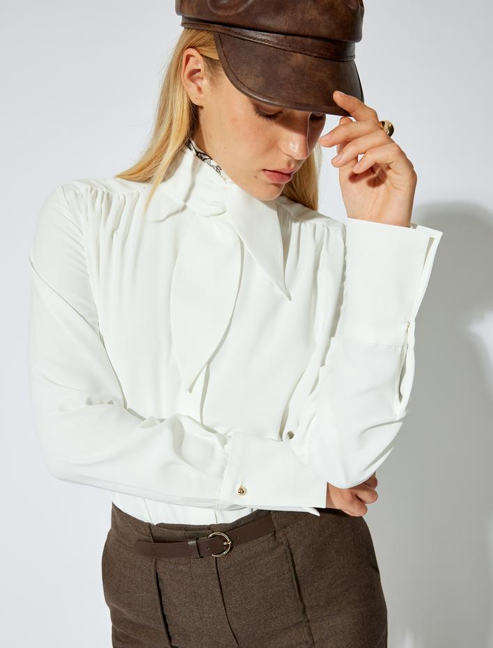  Bağlama Detaylı Dik Yaka Gömlek Uzun Kollu Manşetli Drapeli