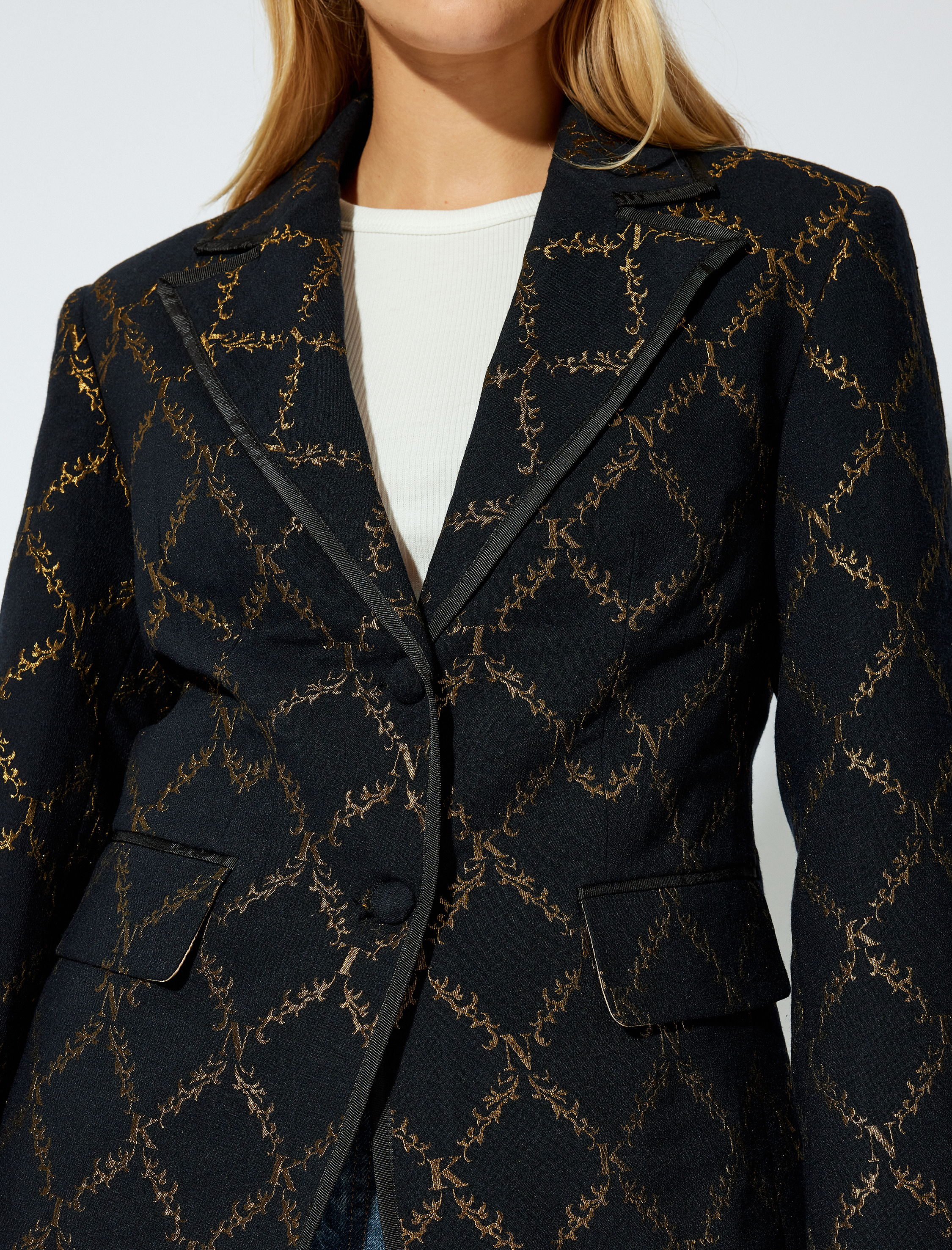 Blazer Ceket Parlak Desenli Kruvaze Düğmeli Cepli