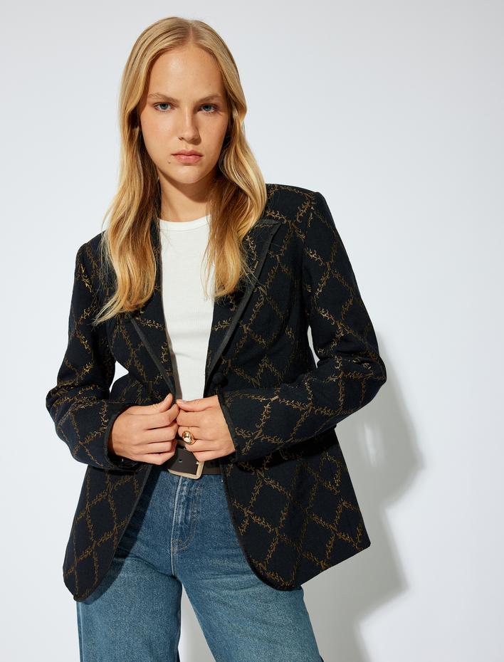  Blazer Ceket Parlak Desenli Kruvaze Düğmeli Cepli