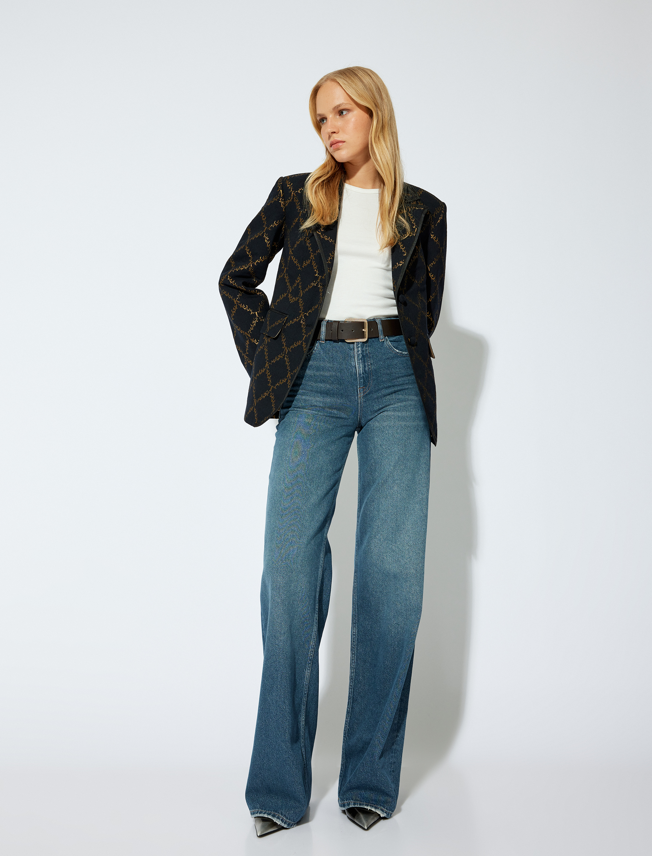 Blazer Ceket Parlak Desenli Kruvaze Düğmeli Cepli