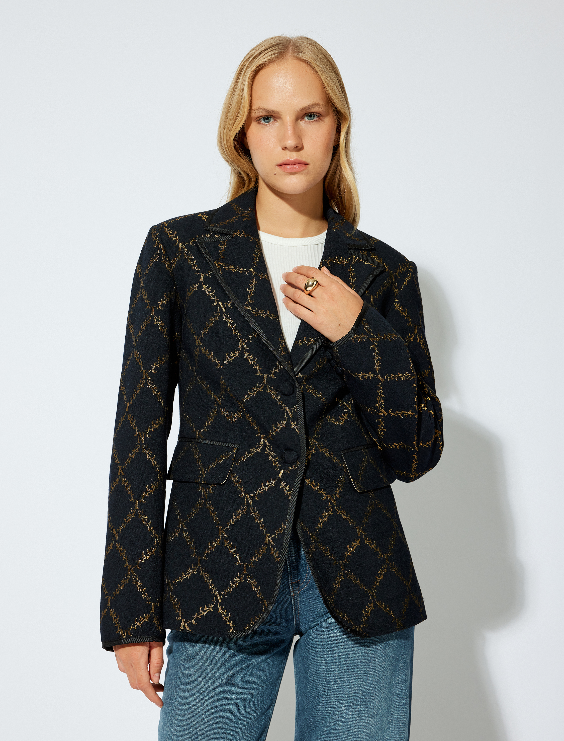 Blazer Ceket Parlak Desenli Kruvaze Düğmeli Cepli