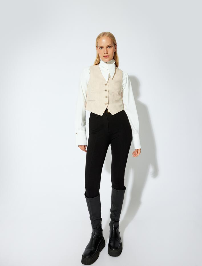  Takım Yeleği V Yaka Gol Düğme Detaylı Cepli