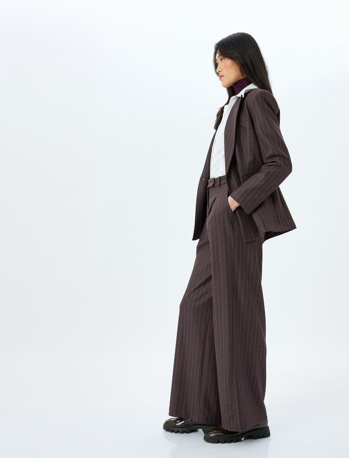  Cepli Pile Detaylı Yüksek Bel Çizgili Kumaş Palazzo Pantolon