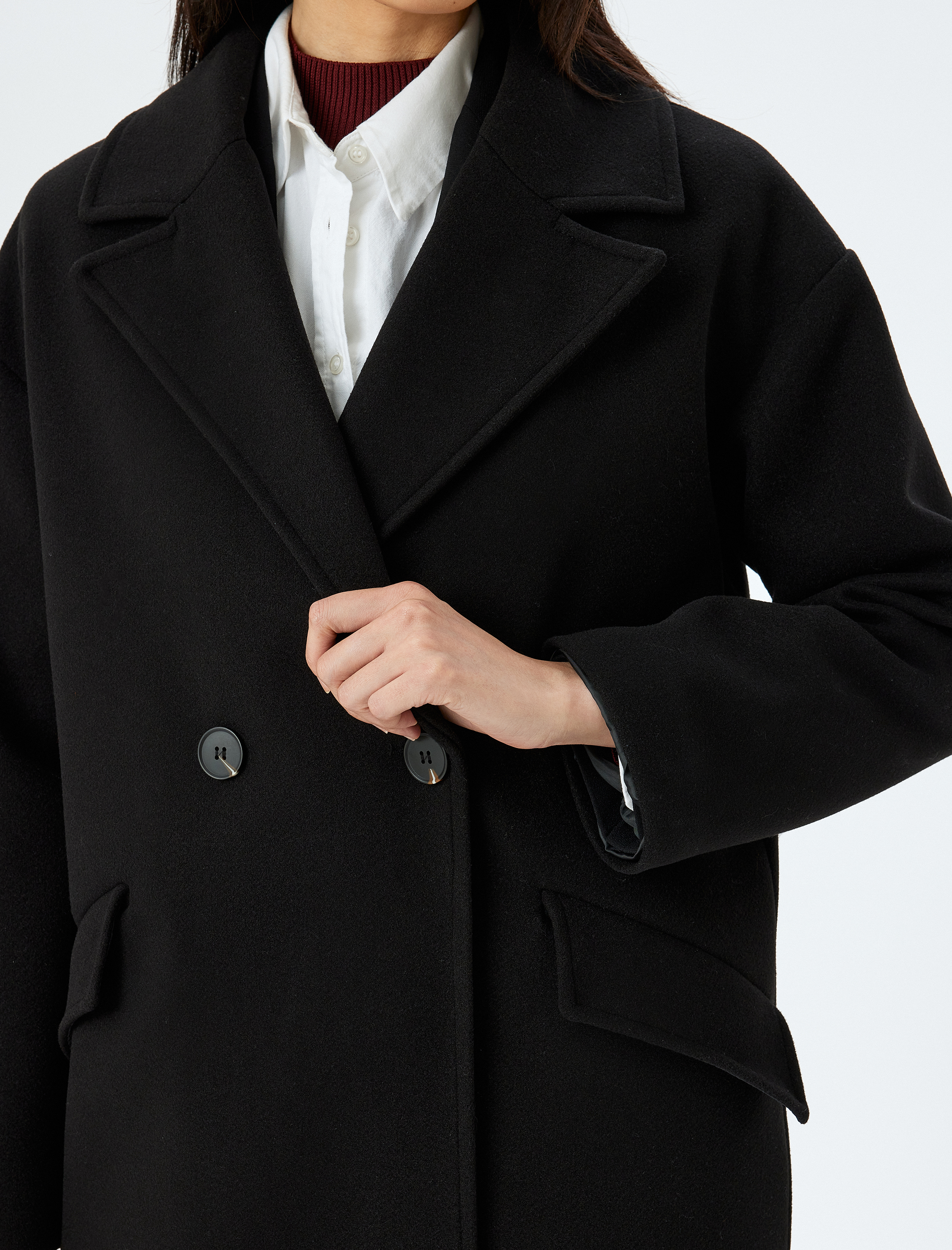   Düğmeli Cepli Kruvaze Uzun Kaşe Kaban