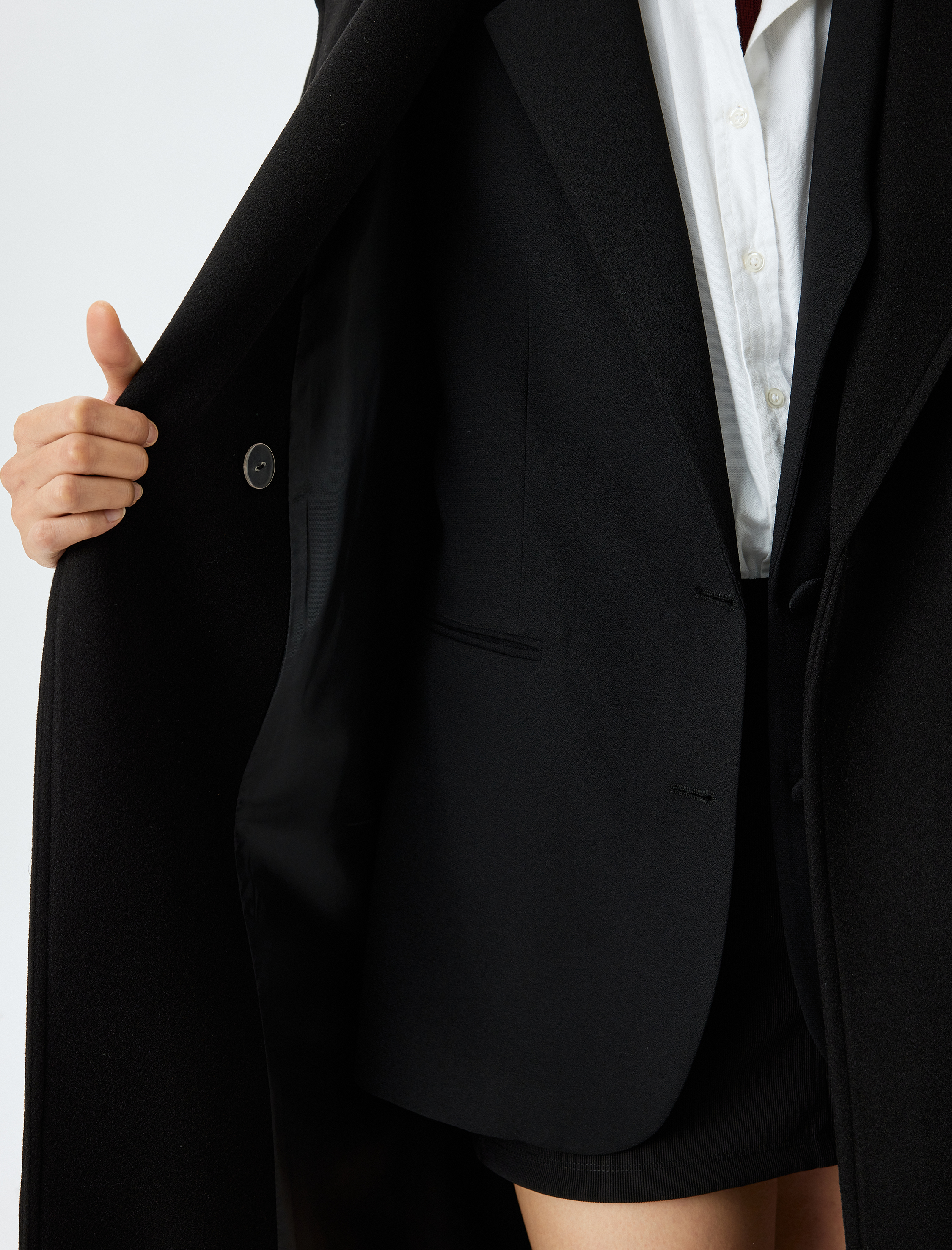   Düğmeli Cepli Kruvaze Uzun Kaşe Kaban