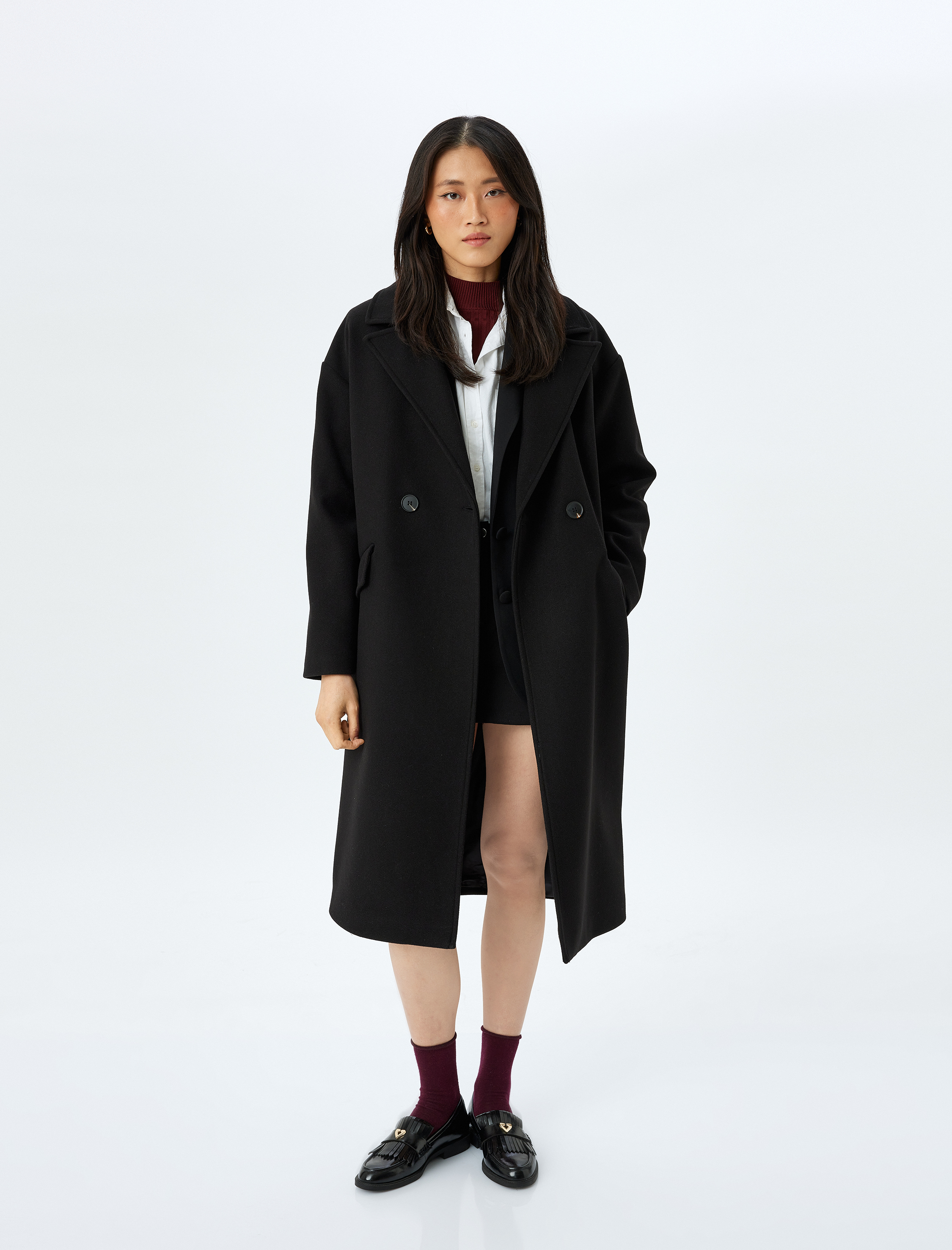   Düğmeli Cepli Kruvaze Uzun Kaşe Kaban