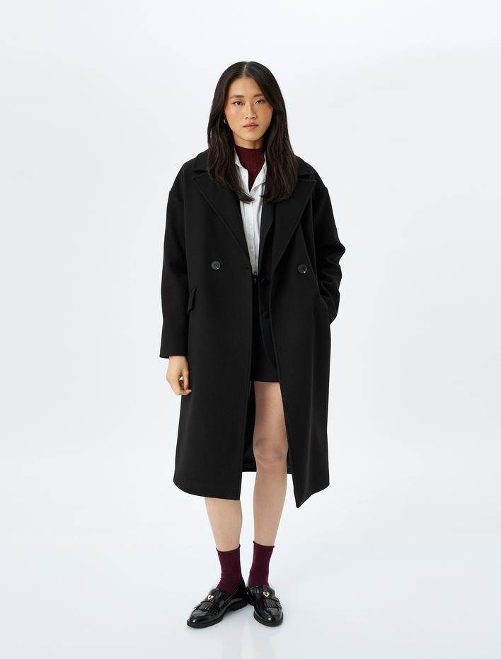  Düğmeli Cepli Kruvaze Uzun Kaşe Kaban