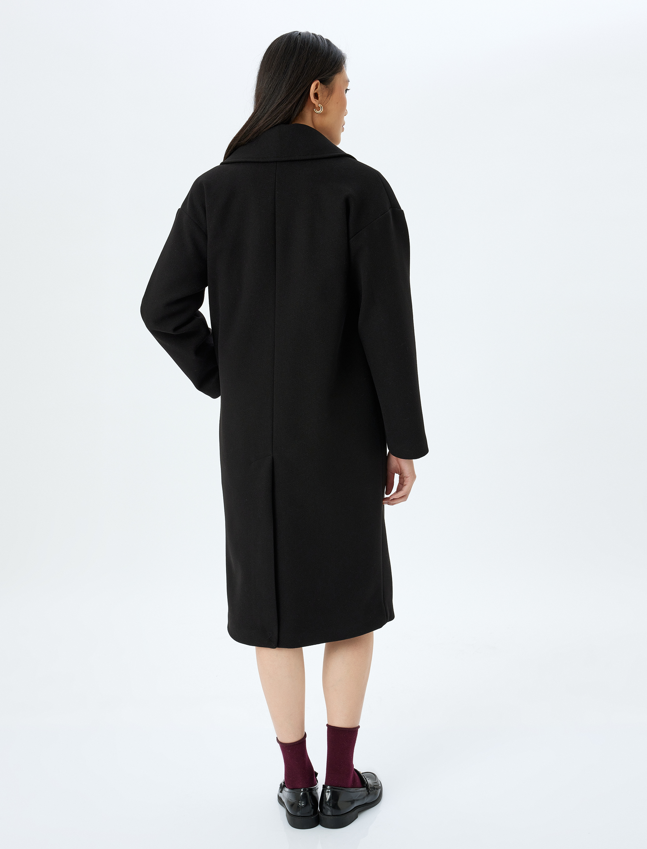   Düğmeli Cepli Kruvaze Uzun Kaşe Kaban